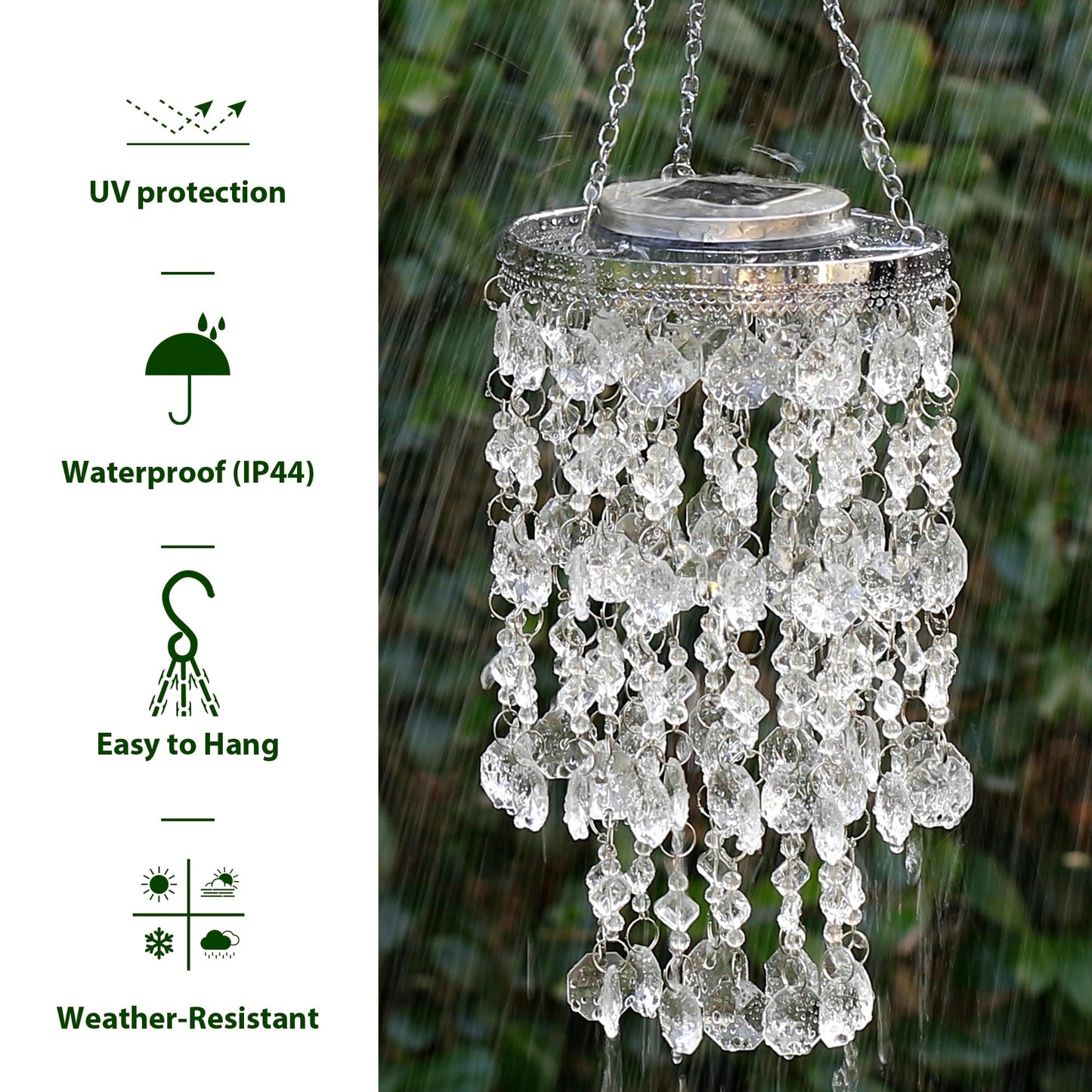 Glitzhome 18.75”H Wind Chime for Outside Solar Wind Chime Hanging Decorative Transparent Acrylic Jewel Beads with Blue LED Light Battery Operated Mini Chandelier for Home Garden Patio Yard