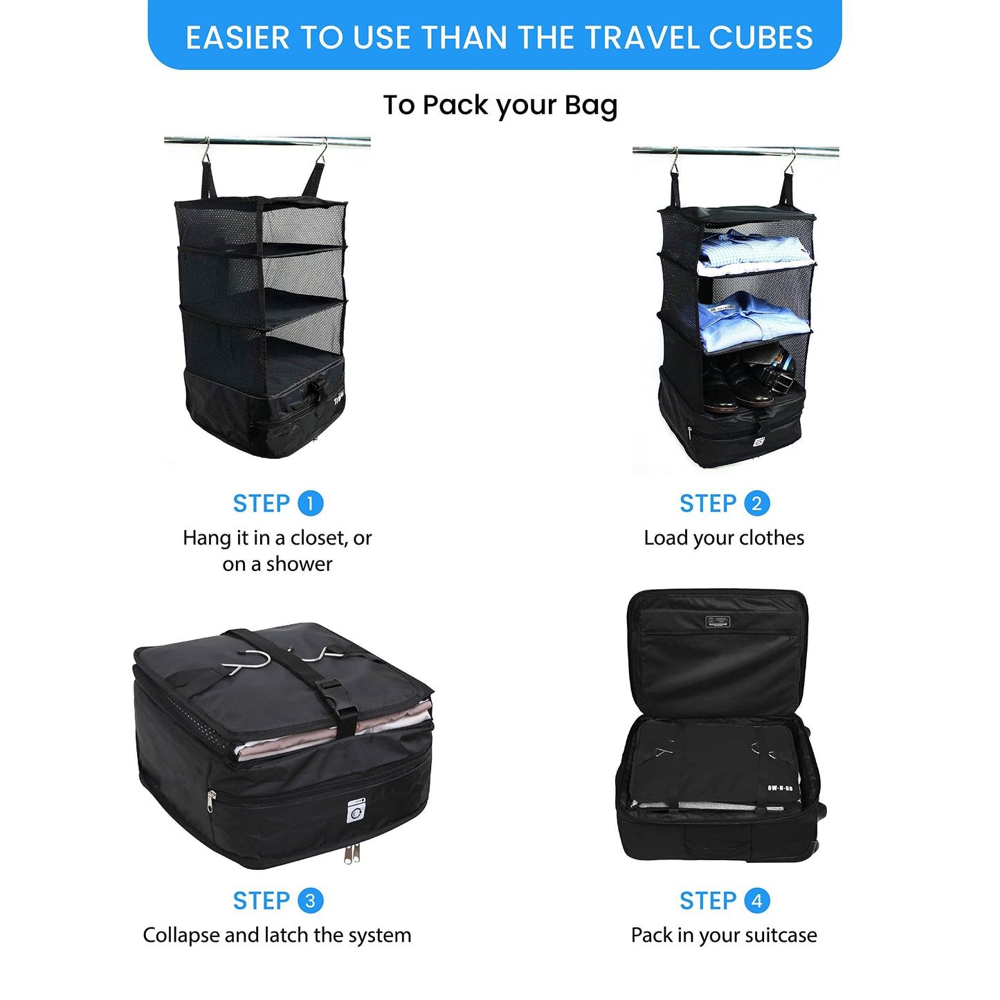 Grand Fusion Stow-N-Go Packing Organizer for Luggage, Portable Hanging Travel Shelves, Carry-On Closet, Hanging Packing Cubes, Collapsible Carry-On Organizer for Cruises & Hotels. Black - L