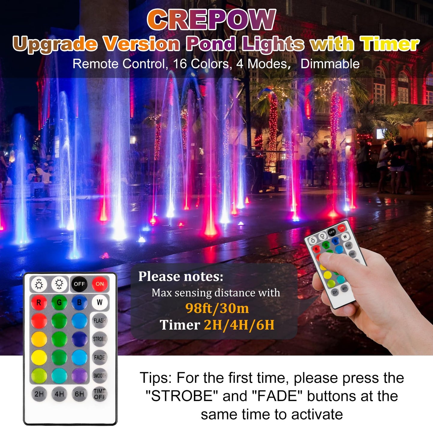 CREPOW RGB Pond Lights with Timer, Super Bright LED Underwater Submersible Colorful Landscape Spotlights, Remote Control IP68 Waterproof Fountain Light for Fish Aquarium Tank Garden Yard (Set of 5)