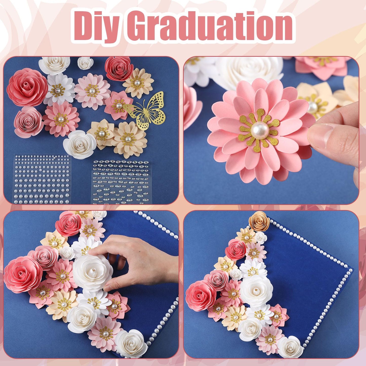 Thiccywoov 43 Pcs Graduation Cap Decorations Kit Includes Artificial Flowers Faux Flower Heads 3D Butterfly Stickers Pearl Rhinestones Glitter Stickers for Grad Cap Topper DIY Graduation Gift(Pink)