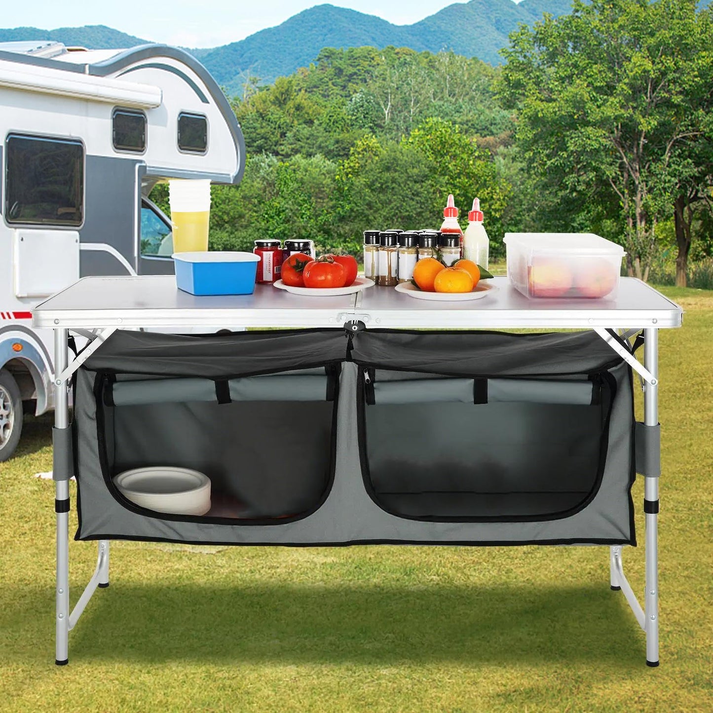 VEVOR Camping Kitchen Station, 3 Adjustable Height Folding Outdoor Camp Cooking Table with Storage Organizer, Quick Set-up for Patio BBQ Picnic Glamping Traveling