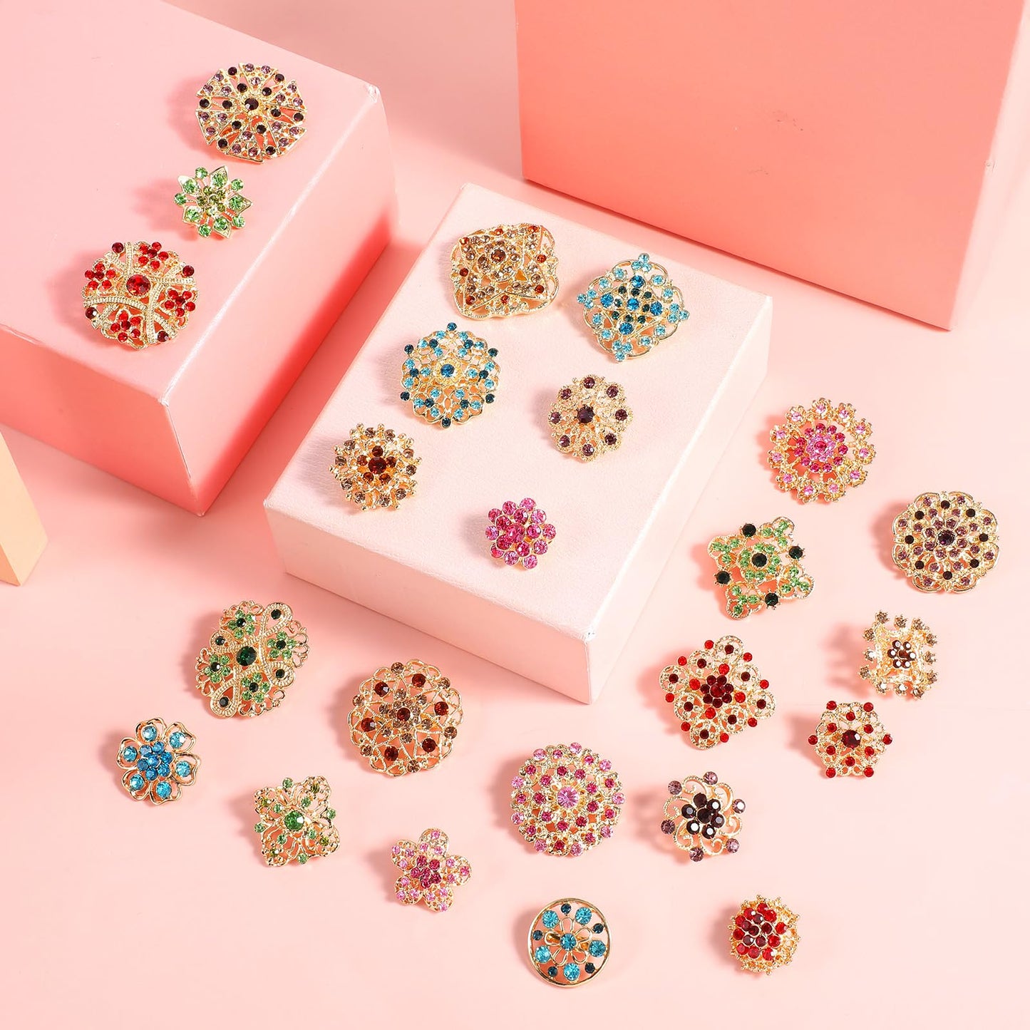 36pc Mixed Color Rhinestone Crystal Flower Brooches Pins Mixed Color Costume Jewelry Retro for Wedding Party Bouquet Crafts Kit Gifts