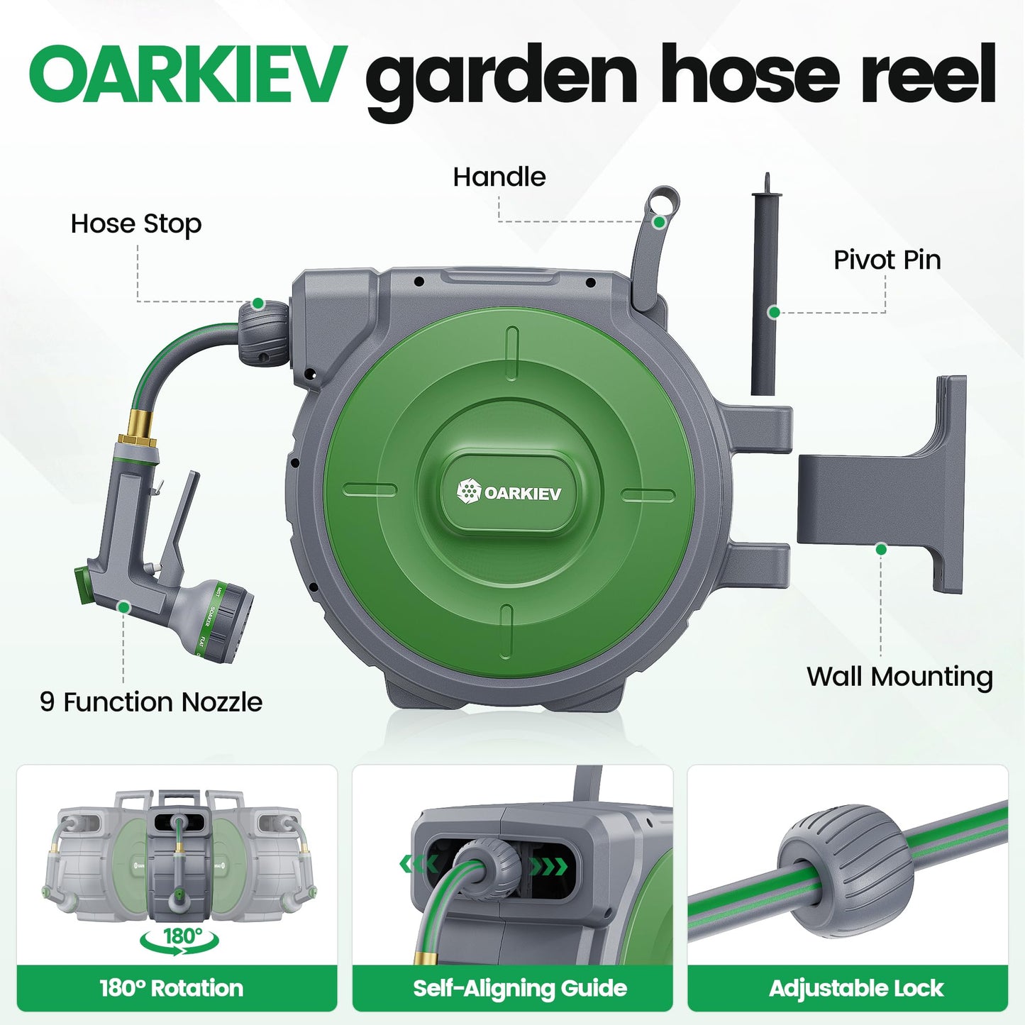 OARKIEV Garden Retractable Hose Reel, 5/8 Inch x 85 ft Wall Mounted Garden Hose Reel with Any Length Lock, Upgraded Slow Return System and 180°Swivel Bracket