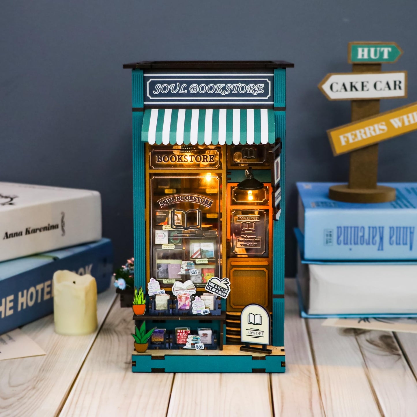CRIOLPO DIY Book Nook Kit, Miniature House Model, Charming Bookshelf Scene, Wooden Dolls House, Bookshelf Miniature Scenes, for Hobbyists and Decor - Soul Bookstore