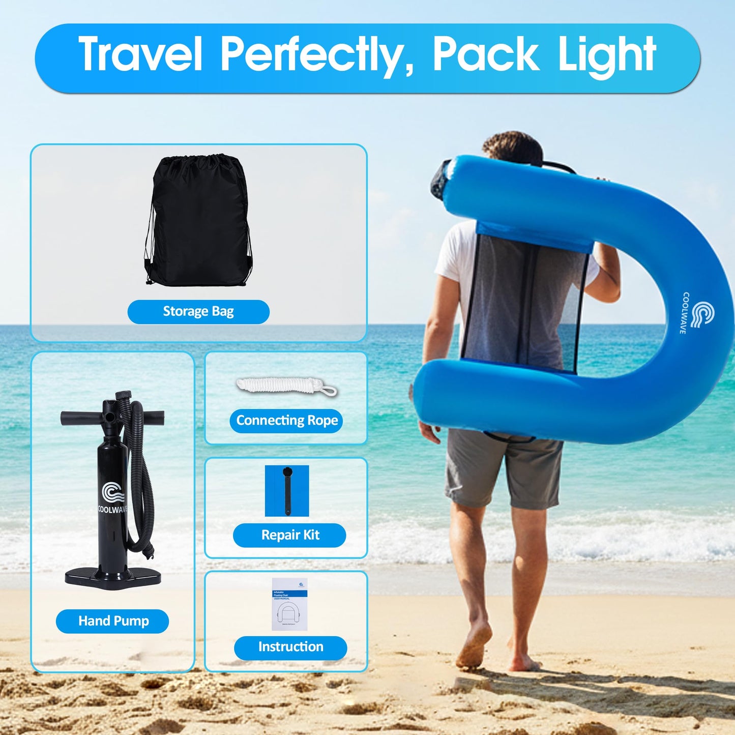 COOLWAVE Inflatable XL Floating Pool Chair, Heavy Duty PVC Floating Lounge Chair, 39" x 38" Connectable Pool Floats Adult with Built-in Cup Holders for Ocean, Lake and Pool, Multiple Color Options