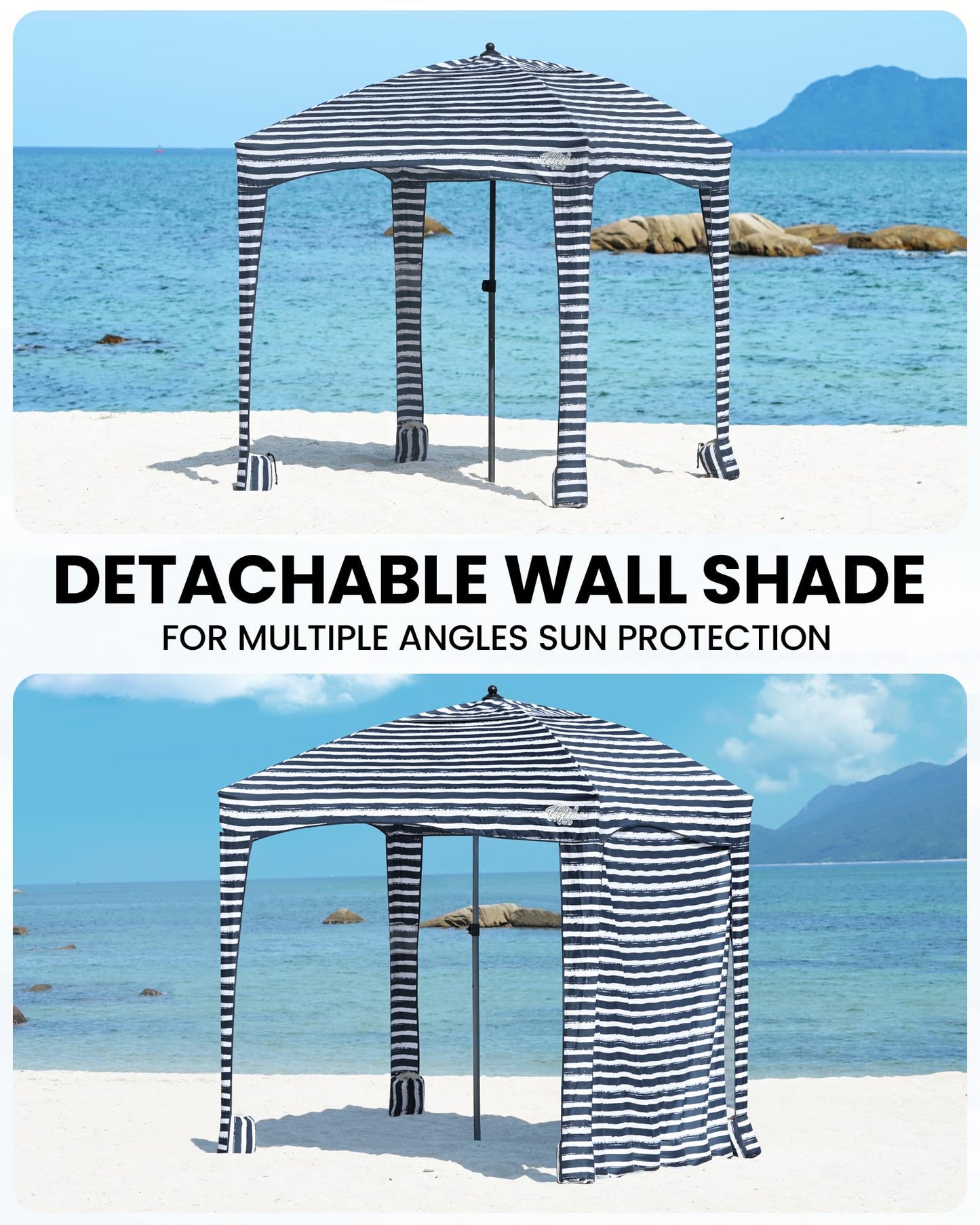 Qipi Beach Cabanas for Sand, Beach Canopy with Sandbags & Side Wall for Family, Easy Set Up Sun Shelter, UPF 50+ UV Protection with Roof Vent 6' x 6' A-Sailor Stripes