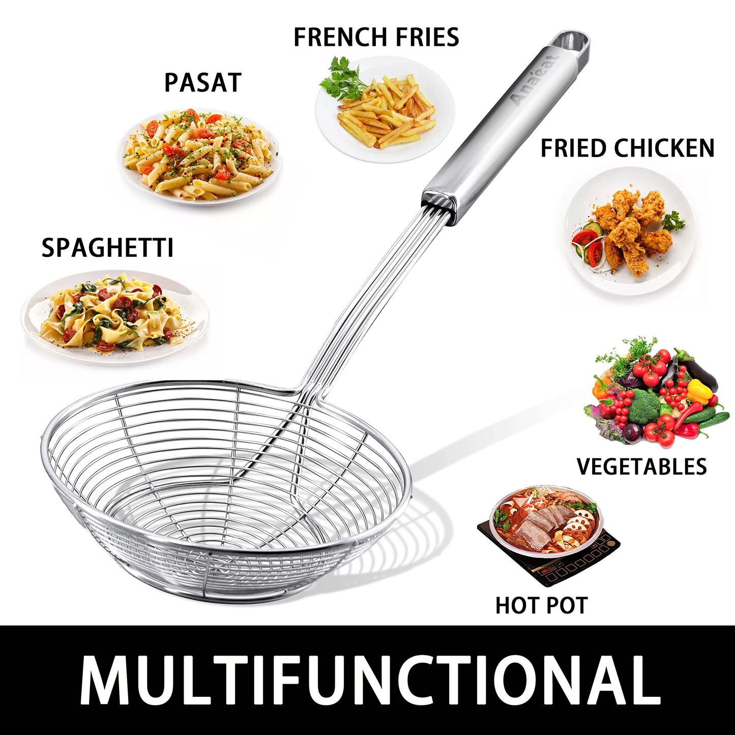 Anaeat Stainless Steel Spider Strainer Skimmer - Solid Kitchen Strainer Ladle with Long Handle for Cooking and Frying, Reinforced Double Coil Slotted Spoons for Pasta, Noodle, Spaghetti (7 Inch)