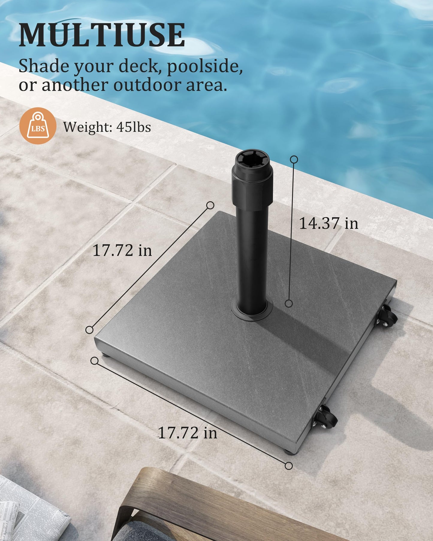 JOINHOM 45lbs Patio Umbrella Base with Wheels - Heavy Duty Outdoor Patio Market Umbrella Stand for Deck with Rollers, Poolside, Balcony, Wind-Resistant Design, Grey