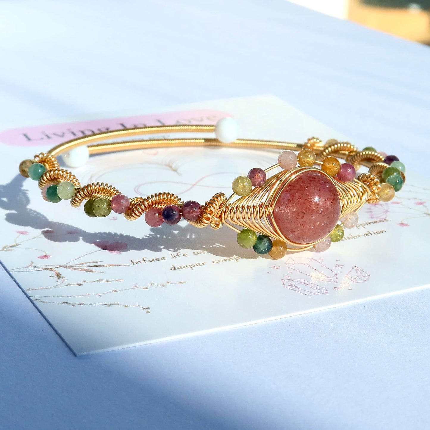 Handmade Genuine Strawberry Rose Quartz& Rainbow Tourmaline Beads 14k Gold Filled Wire Wrapped Bracelet, Birthstone Chakra Healing Gemstone Crystal Adjustable Bangle Cuff Jewelry Gift for Women
