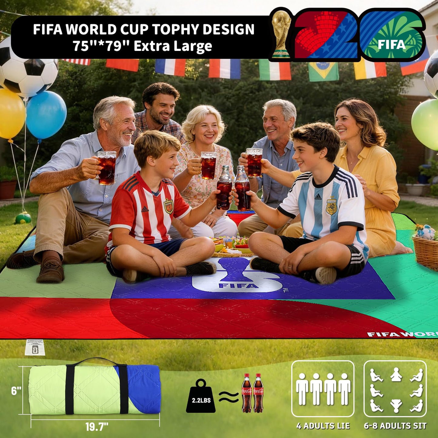 MESUCA FIFA World Cup 2026 Picnic Blankets, World Cup Trophy Design Outdoor Blanket, 75''x79'' Large Beach Blanket Waterproof Sandproof, Foldable 20*6" Picnic Mat, FIFA 26 Official Licensed - FIFA 26