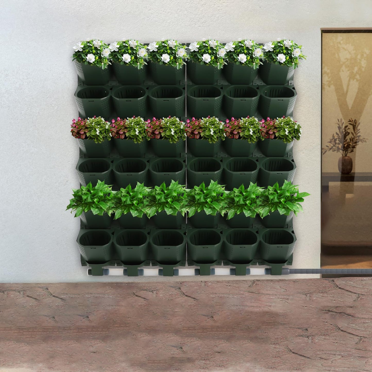 lxrnqcey Wall Mounted Vertical Garden Planter, 6 Row 36 Self Watering Wall Planter, Hanging Plastic Plant Grow Pots, Indoor Outdoor Green Decoration for Vegetables Fruits (Dark Green)