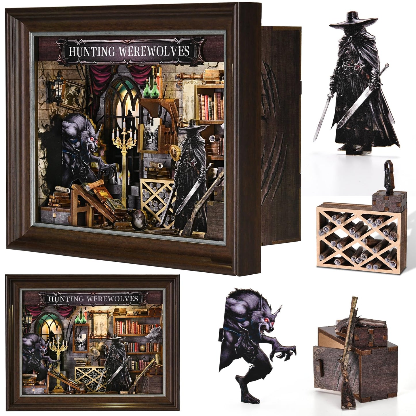 ETKVR Book Nook Kit, Picture Frame Booknook, Wall Mounted Miniature Dollhouse Kit, DIY 3D Wooden Puzzle for Home Bookshelf Decoration - Witcher Hunting Werewolves