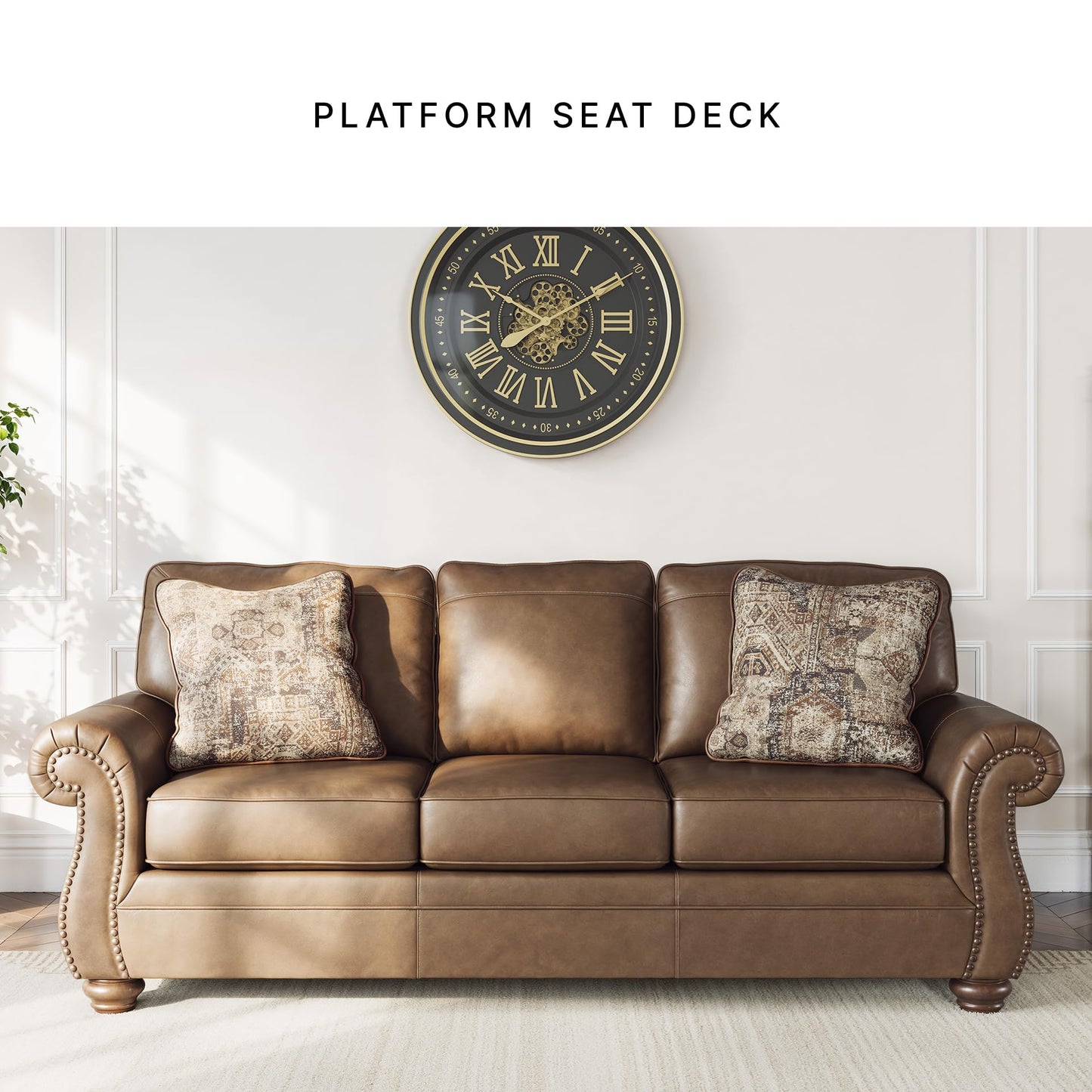 Signature Design by Ashley Shadsburne Rustic Faux Leather Sofa with Nailhead Trim and 2 Throw Pillows, Brown