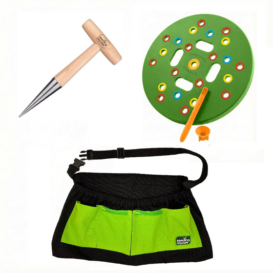 Black Harvest Apron + Seeding Circle + Pokey Planter Bundle – Garden Apron with Seed Spacing Template & Dibber Tool for Container Gardening