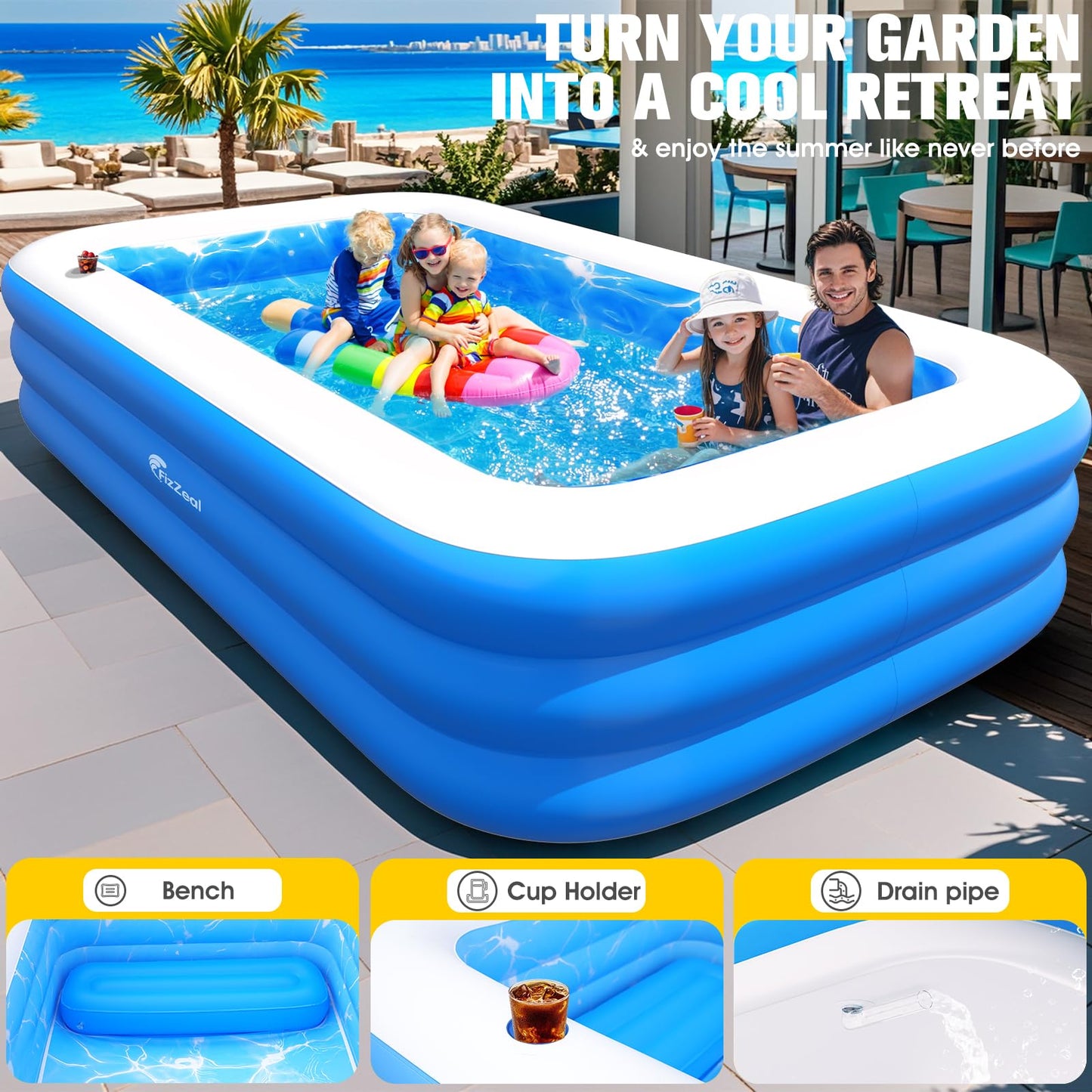 Inflatable Pool with Pool Lights and Seat, Durable Thickened Large Size Family Inflatable Pools for Adults Blow Up Pools,110" x 63" x 20"Swimming Inflatable Kids PooI for Backyard,Outdoor (White)
