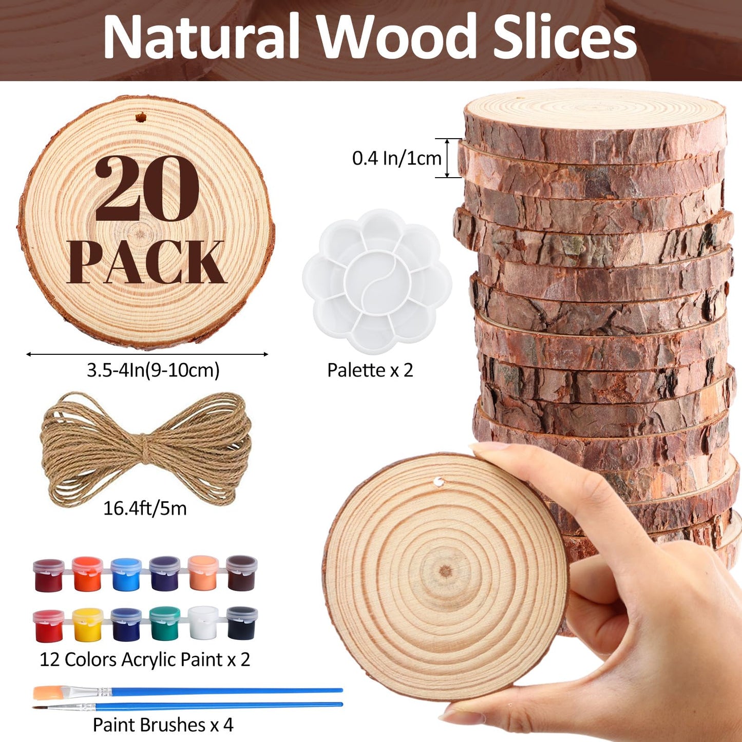 Kathfly 20 Pcs Unfinished Wood Slices with Hole for Centerpieces 3.5-4 Inch Natural Wood Craft Kits Round Wooden Discs with Paints Brushes Palettes for DIY Craft Christmas Ornaments Wedding Home Decor