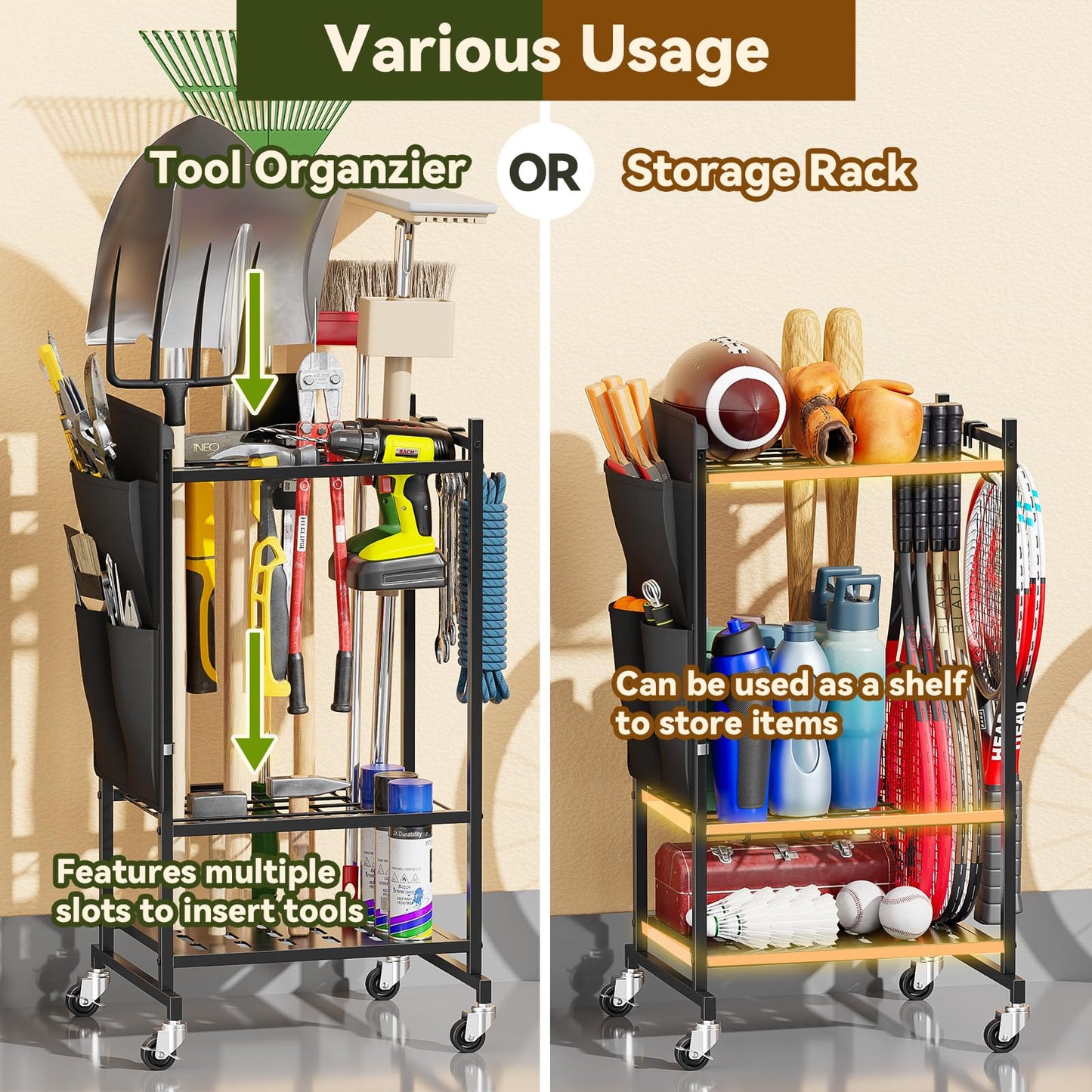 MWQ Garden Tool Organizer with Wheels, Rolling Yard Tool Tower Rack Carts for Garage Organization with Large Tool Bags with Pockets, Up to 35 Long-Handled Tools/Rakes/Brooms for Shed, Outdoor, Black