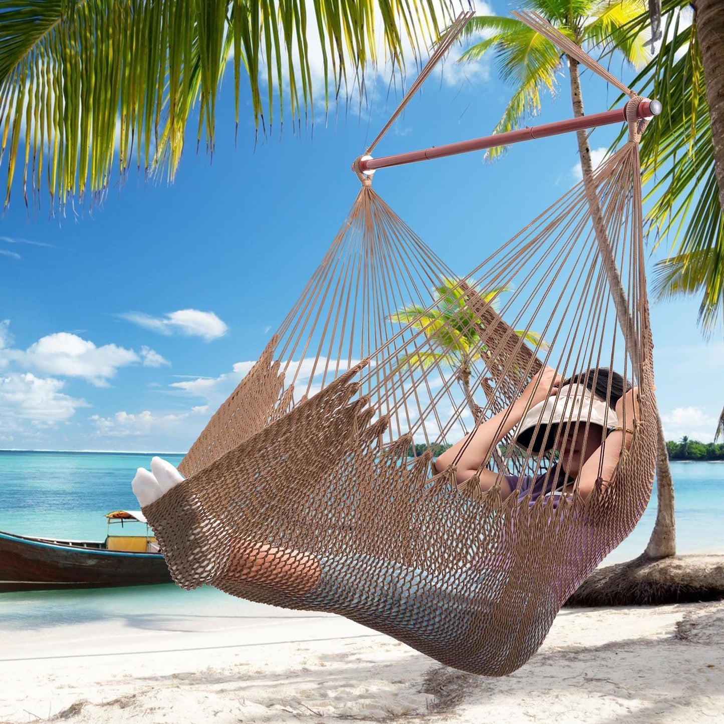 Large Hammock Chair,Caribbean Hammock Chair with Spreader Bar,Large Hammock Swing Chair,Rope Hanging Chair for Indoor/Outdoor/Backyard/Living Room, Max 300 LBS