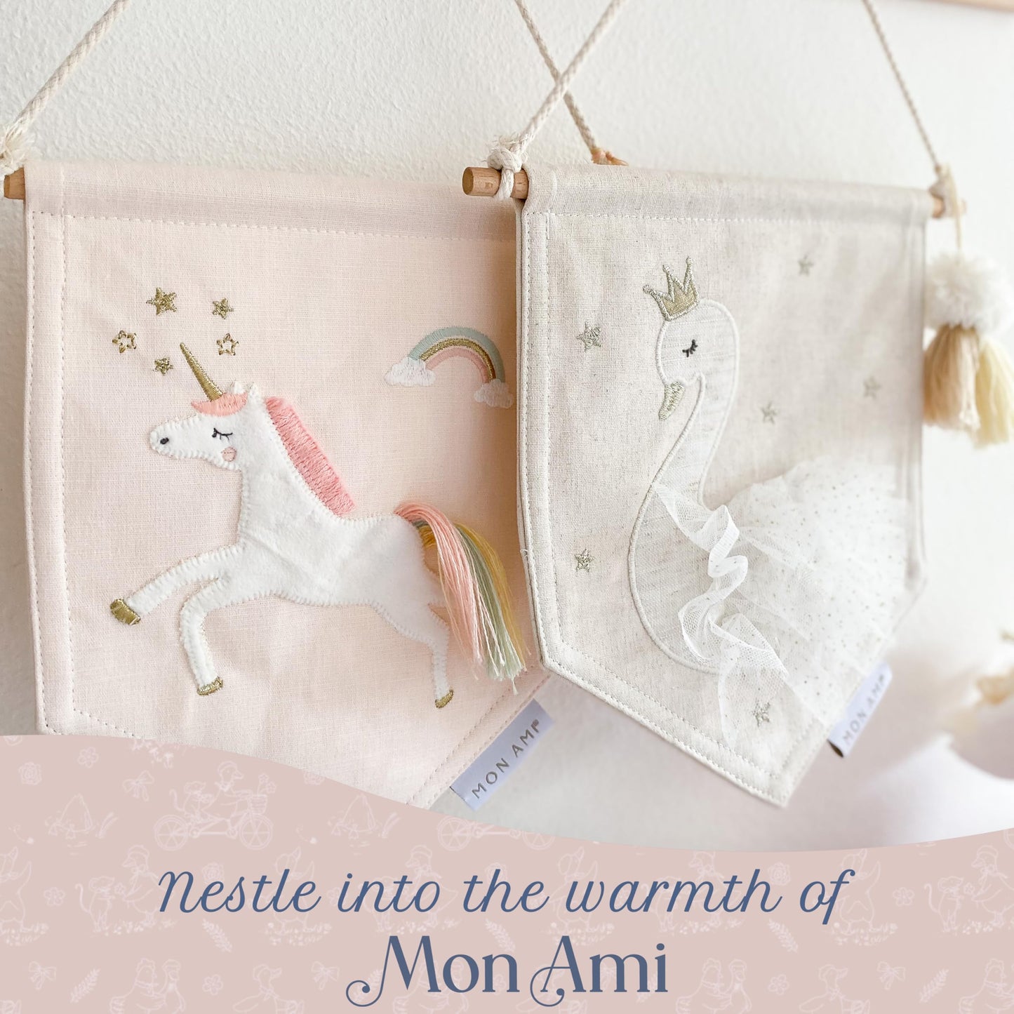 MON AMI Embroidered Swan Hanging Wall Canvas Banner | 10-Inch Plush Wall Décor for Nursery & Kids’ Room | Elegant Swan Design with Tassels | Whimsical Gift for Baby Showers & Birthdays