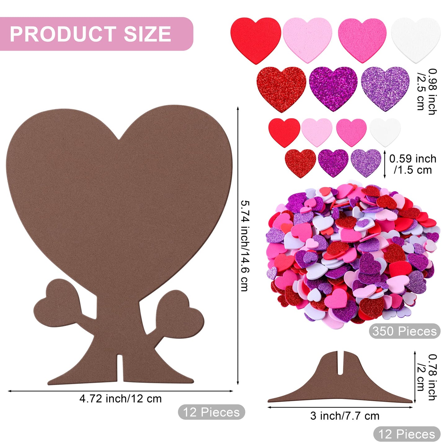 Fovths 362 Pieces Love Heart Tree Foam Stickers DIY Craft Set - 12 Trees and 350 Self-Adhesive Hearts for Valentine's Day, Wedding, Mother's Day Home Decor