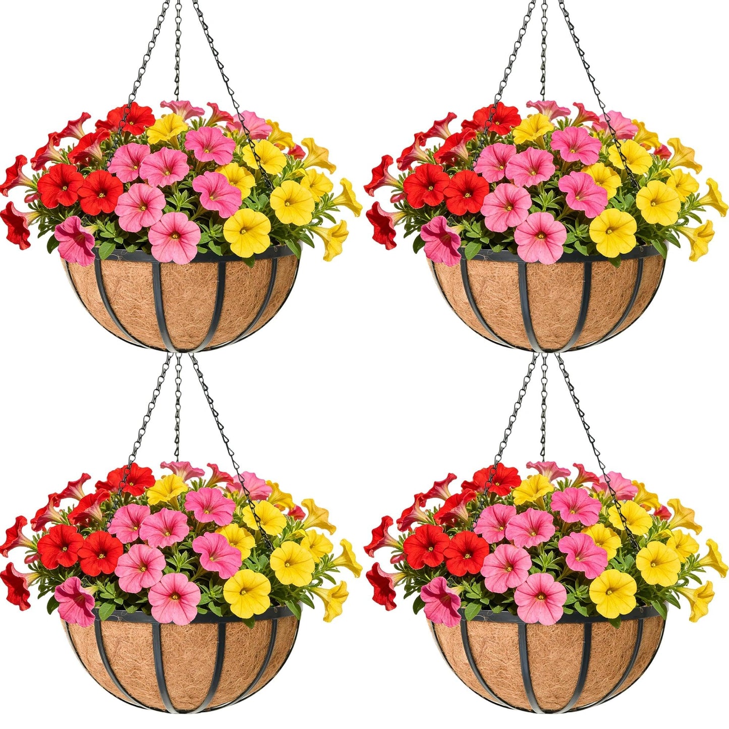 ZVOWOS 12 Inch Black Flat Iron Metal Hanging Planter Basket with Coco Coir Liner(4 Pack) Hanging Planters for Outdoor Plants Hanging Baskets for Plants Flower Pots for Deck Patio Porch Garden Balcony