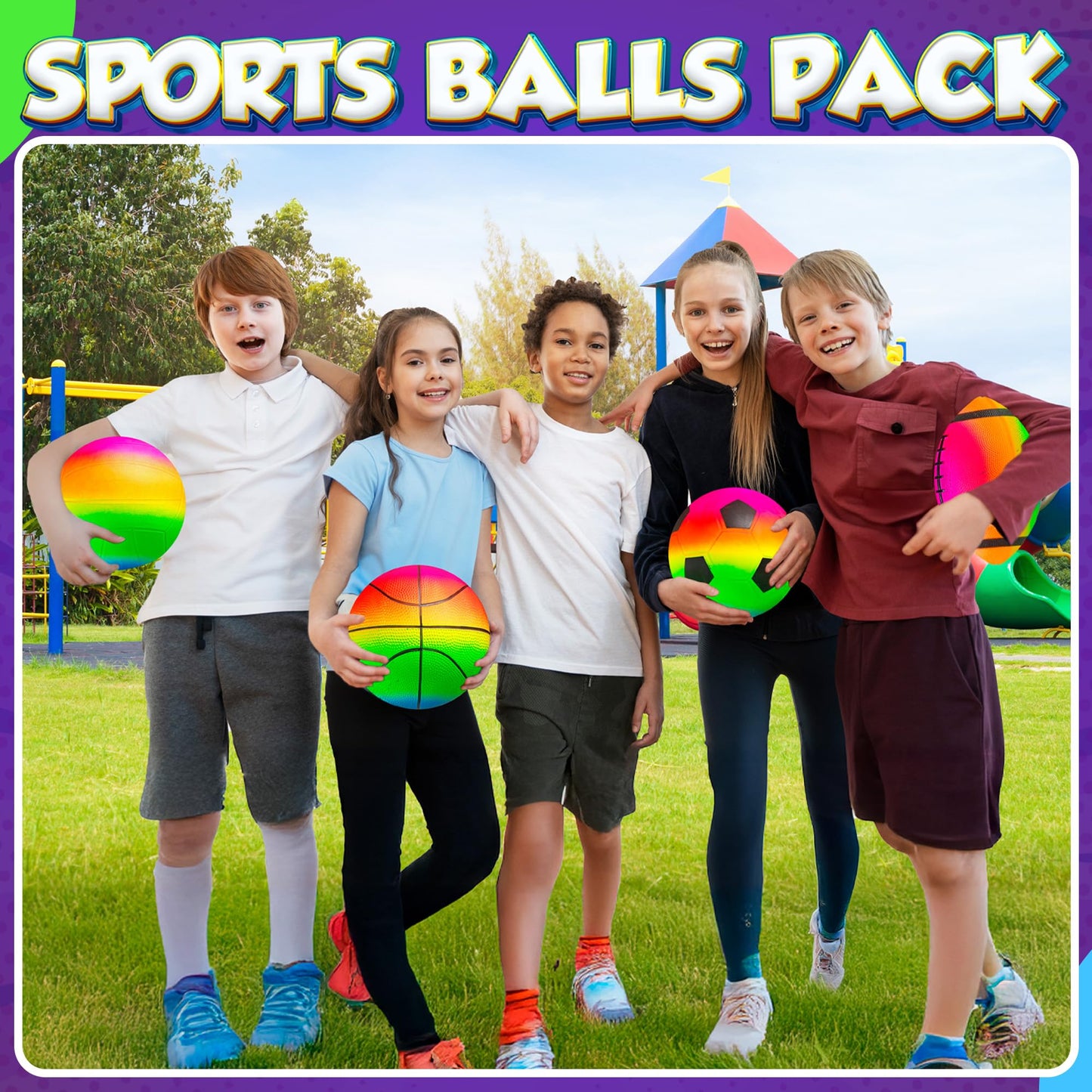 Rainbow Sports Balls for Kids & Toddlers - (Pack of 4) 8.5-Inch Neon Sport Ball Set Includes Football, Soccer, Basketball, & Playground Balls, Toy Balls for Indoor/Outdoor