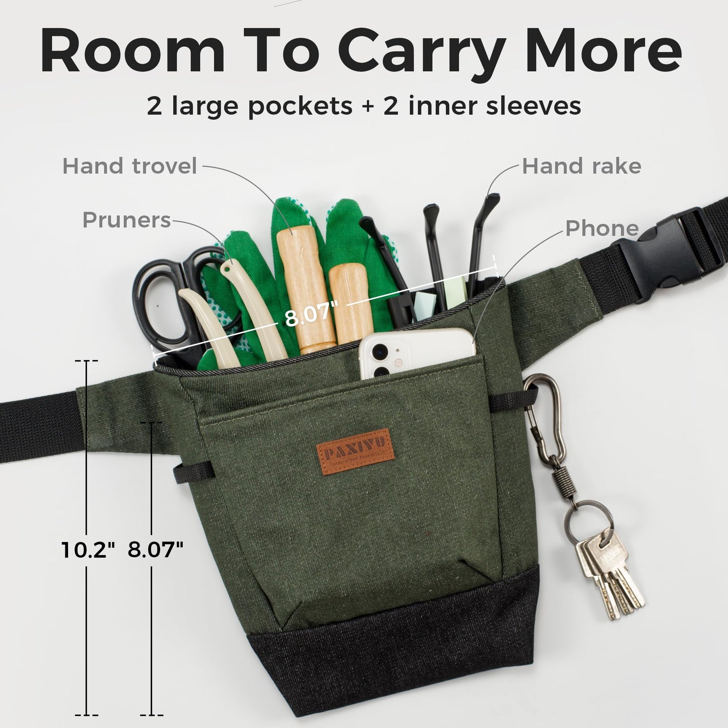 Garden Tool Belt for Women & Men, Forest Green Denim Gardening Apron with Structured Opening, 2 Large Pockets + 2 Inner Pockets, Wide Belt Utility Tool Pouch for Gardening, Florist & Craft