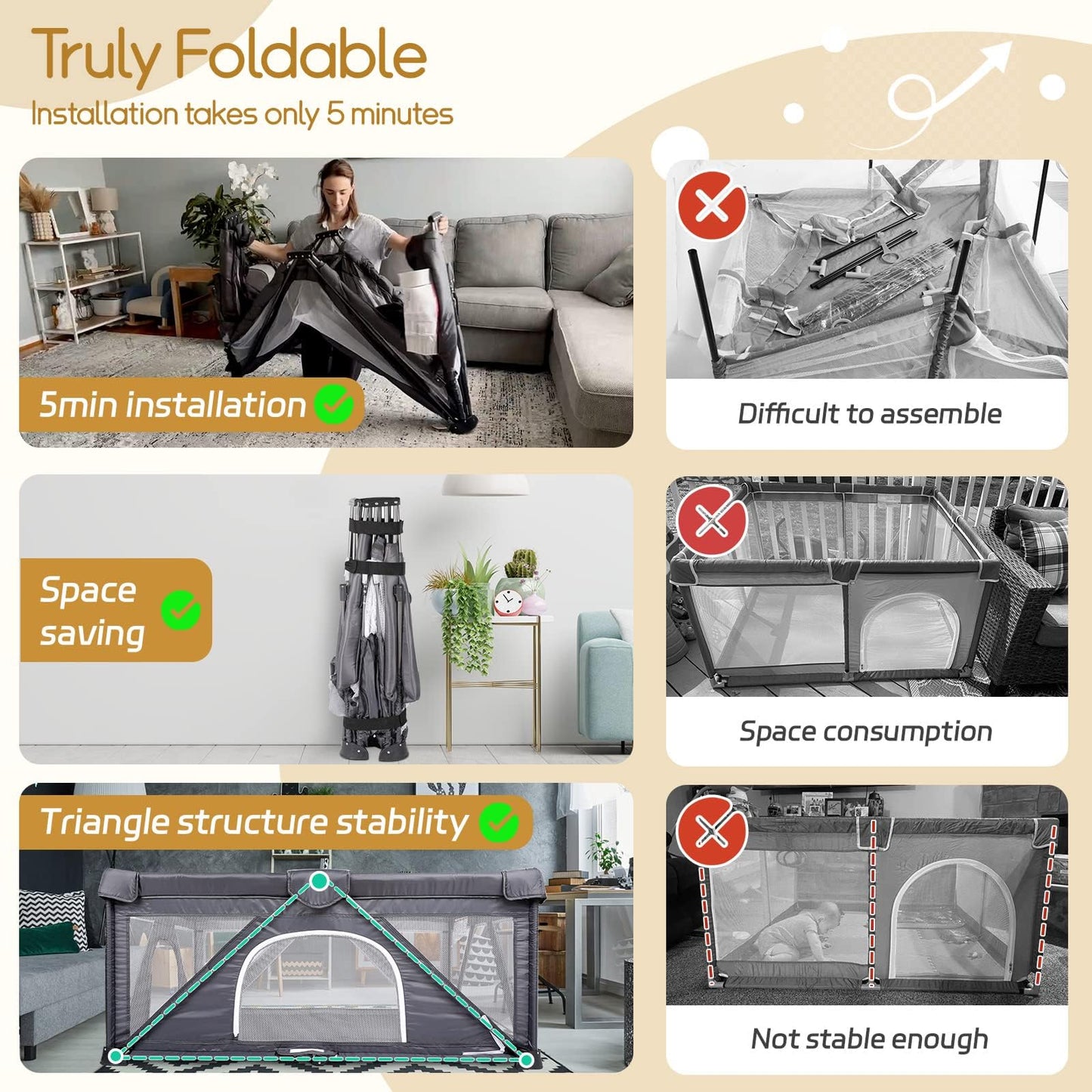 Foldable Baby Playpen, Extra Large Play Pen for Babies and Toddlers, Baby Fence Play Yard, Safety Kids Portable Playpin Indoor&Outdoor (50"X50",Dark Grey)