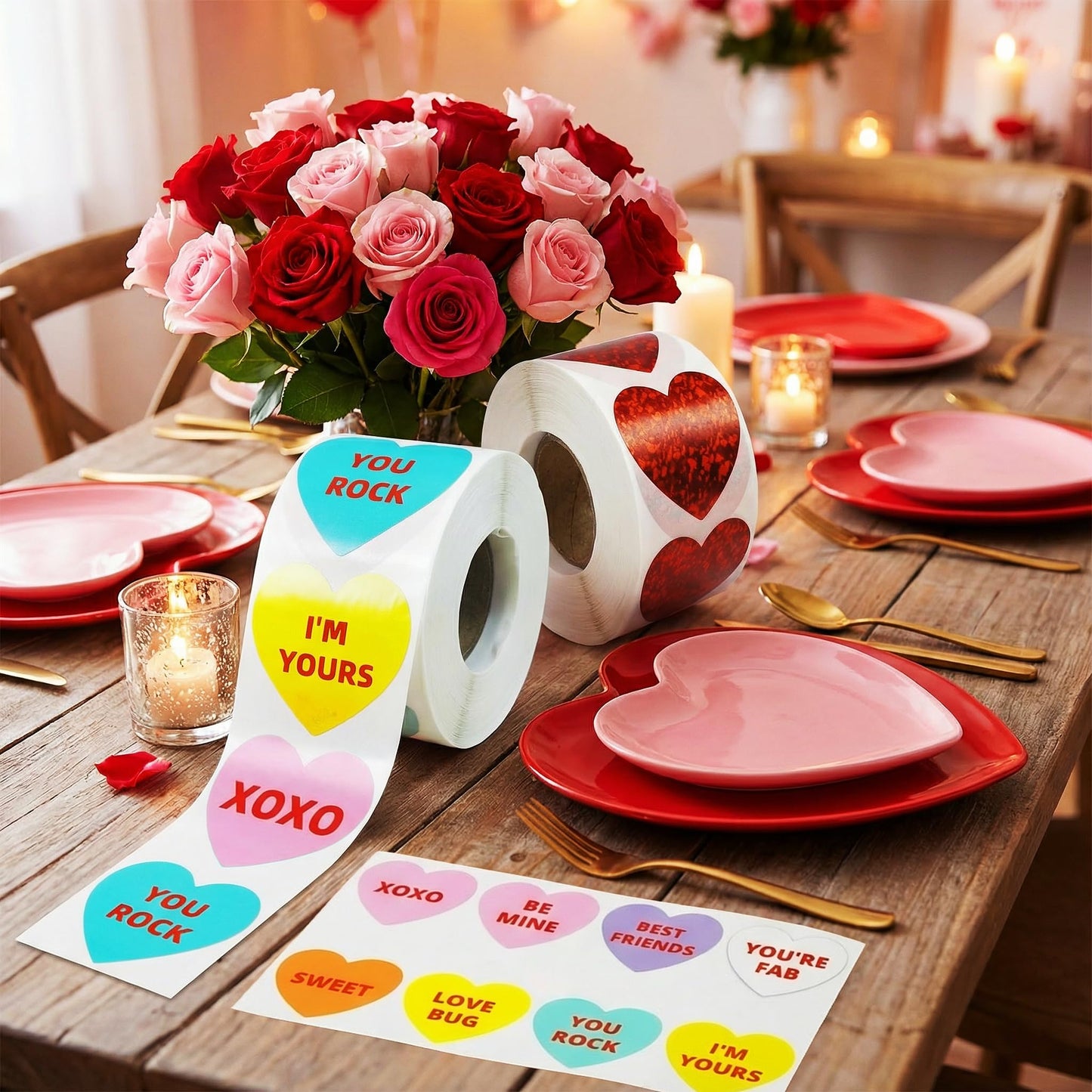1000PCS Valentines Heart Stickers for Kids, 1.5" Valentines Day Stickers Love Decorations Accessories Labels for Anniversaries Wedding Crafts Classrooms Decorations Valentines Cards 2 Rolls