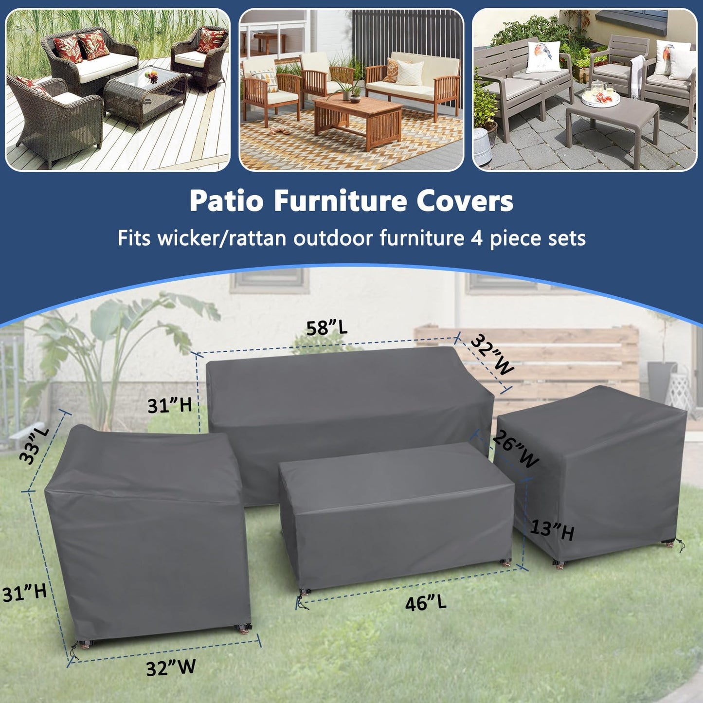 STARTWO Patio Furniture Covers 4 Piece Set, Heavy Duty Waterproof Outdoor Furniture Cover for Rattan Wicker Conversation Set,Grey,Large
