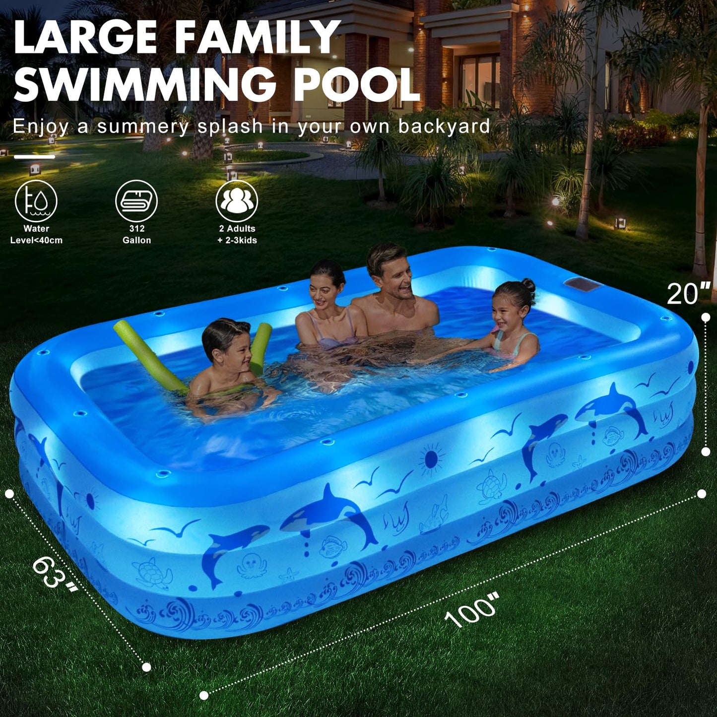 StarOcean 2026 Upgrade Inflatable Pool with Lights, Family Inflatable Swimming Pool for Kids,Adults,Blow Up Pool Solar Powered,Large Kiddie Pool,100"x63"x20"Oversized Thickened Pool for Backyard-Blue