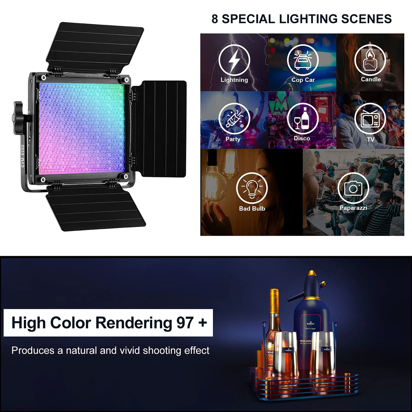 GVM RGB Video Lighting, 360° Full Color Led Video Light with APP Control, 3 Packs 850D Photography Lighting Kit CRI 97, YouTube, Aluminum Alloy Shell
