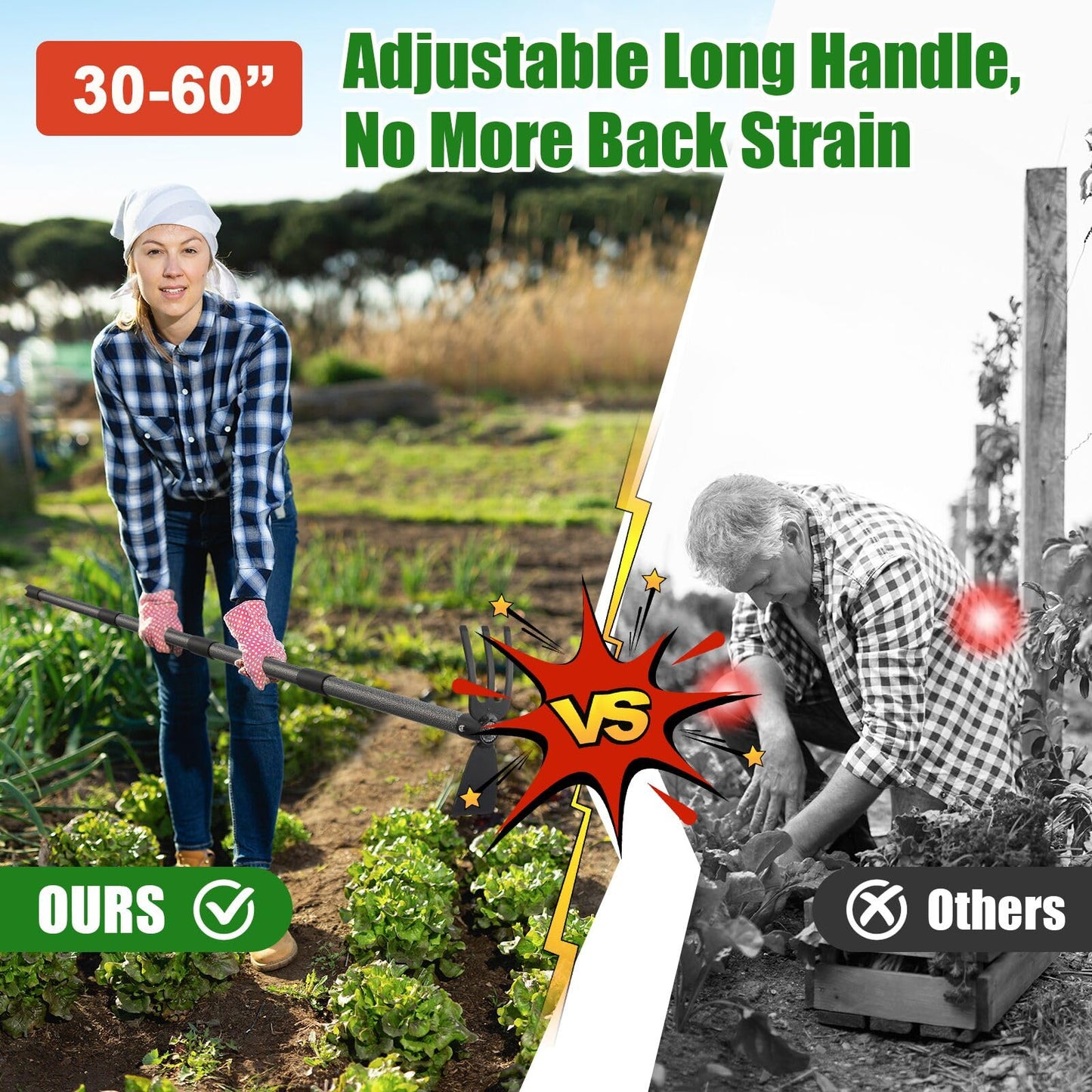 Garden Hoe with 3-Tine Cultivator Rake, 2-In-1 Carbon Steel Sharp Weeding Tool with 60 " Long Handle For Weed Removal, Soil Loosening, Planting,Cultivating In Raised Flower Beds,Vegetable Gardens