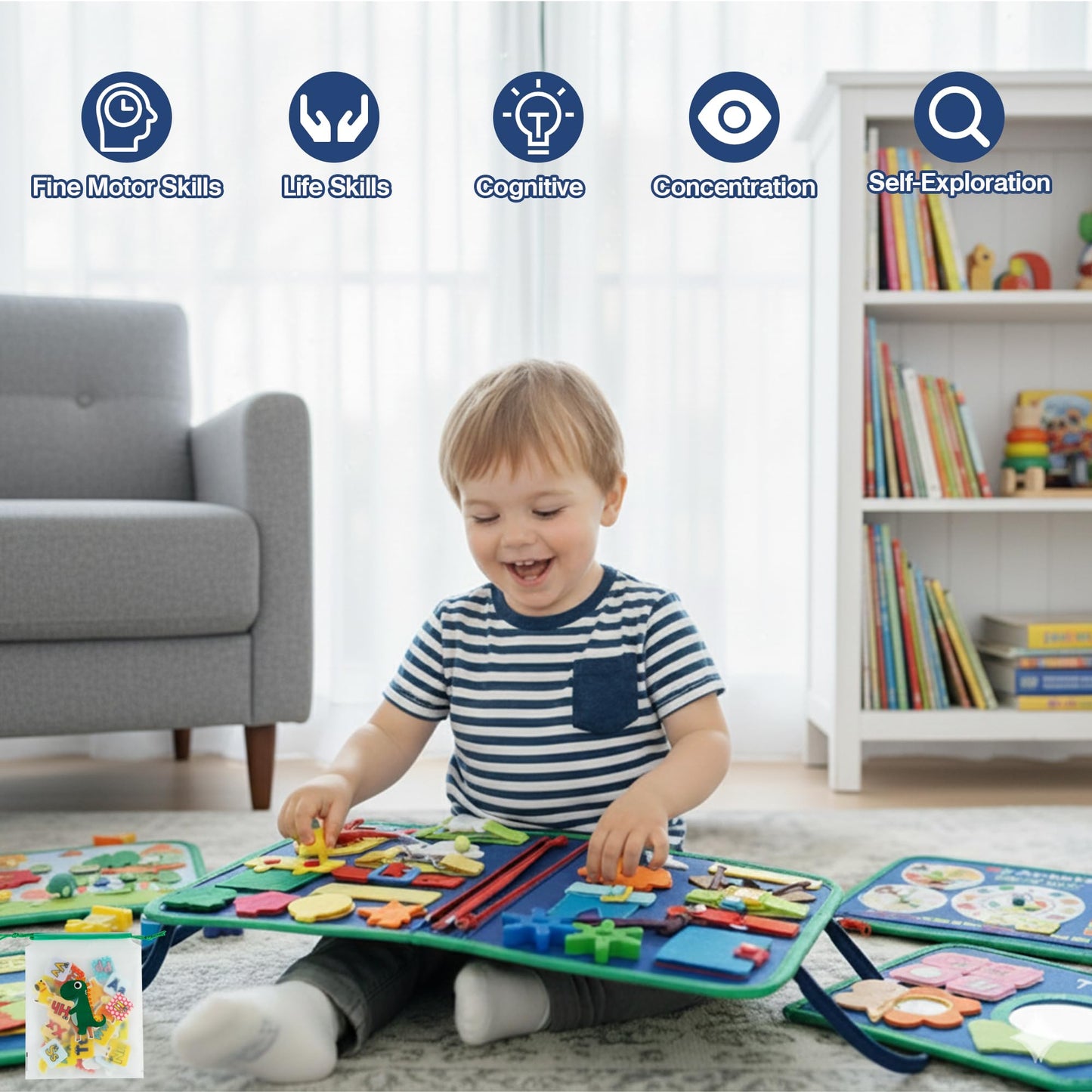 Tilhumt 8 in 1 Busy Book for Toddler 1-3, Montessori Boy Board with Storage Bag for Travel Quiet Learning Sensory Toys, Felt Busy Book for Baby Educational Gift Activities Fine Motor Skills