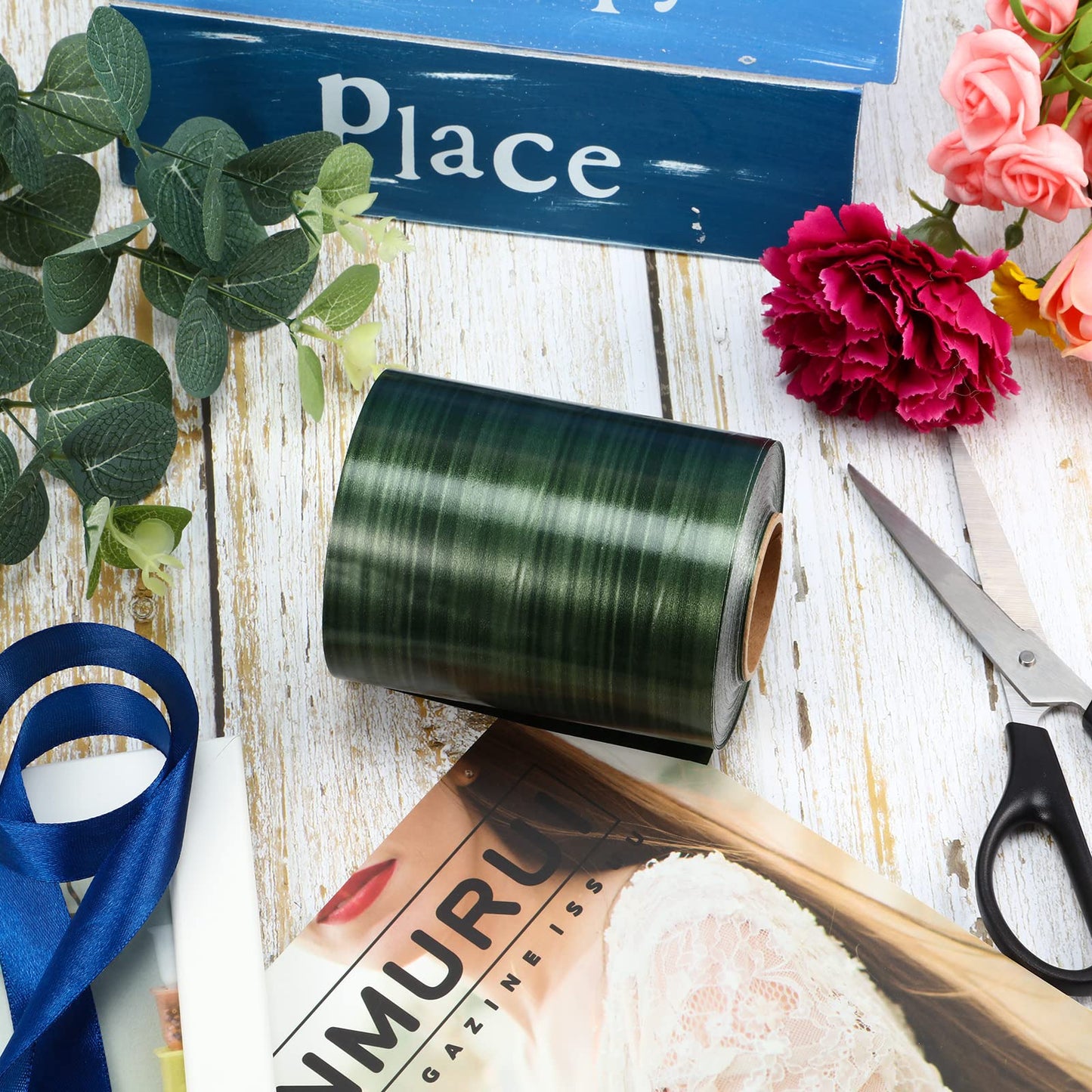 Syhood Outdoor Ribbon Poly Satin Ribbon Floral Craft Decoration Aspidistra Leaf Riband Easter Holiday Outdoor Decorating(4 Inch X 30 Yards,Dark Green)