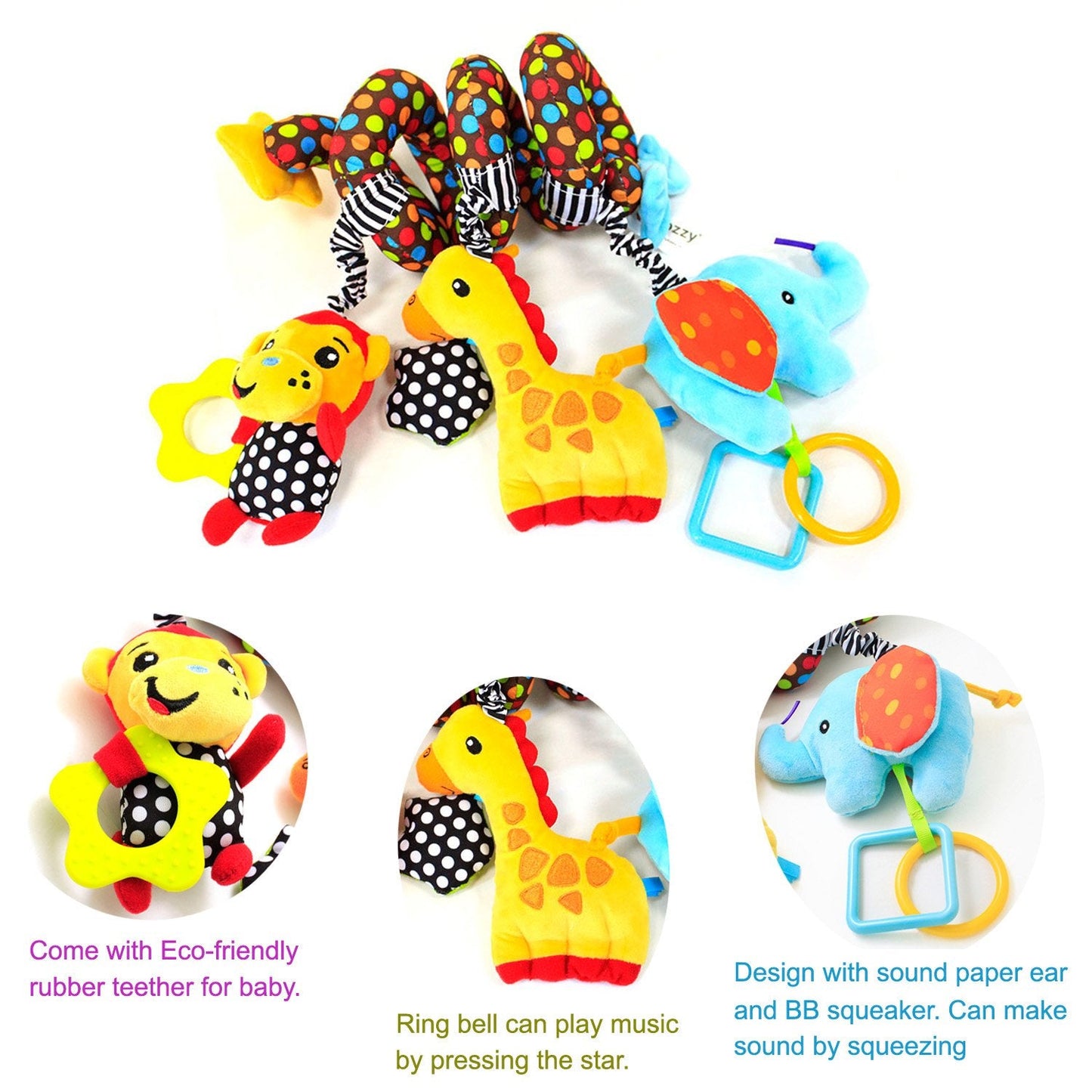 WILLWAY Car Seat Toys, Stroller Toy Baby Spiral Hanging Toys for Sensory Exploration, 0-12 Months Newborn Toys for Car Seat Stroller Crib Bassinet Mobile with Music Box BB Squeaker Rattles
