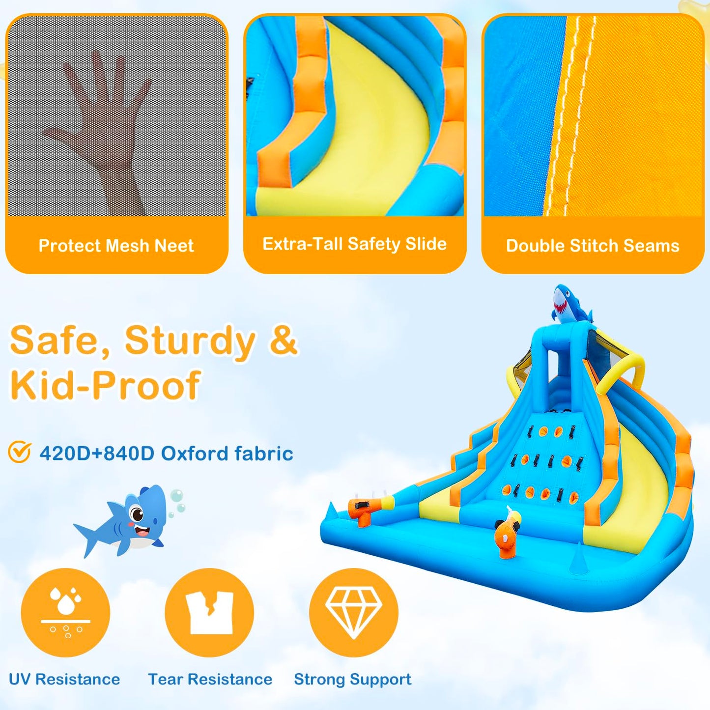 Inflatable Water Slide, 13FT Shark-Themed Large Bounce House with Dual Slides, Climbing Wall, Deep Pool, Water Cannon, 680W Blower, Storage Bag, Backyard Blow Up Water Park for Kids Aged 3–10