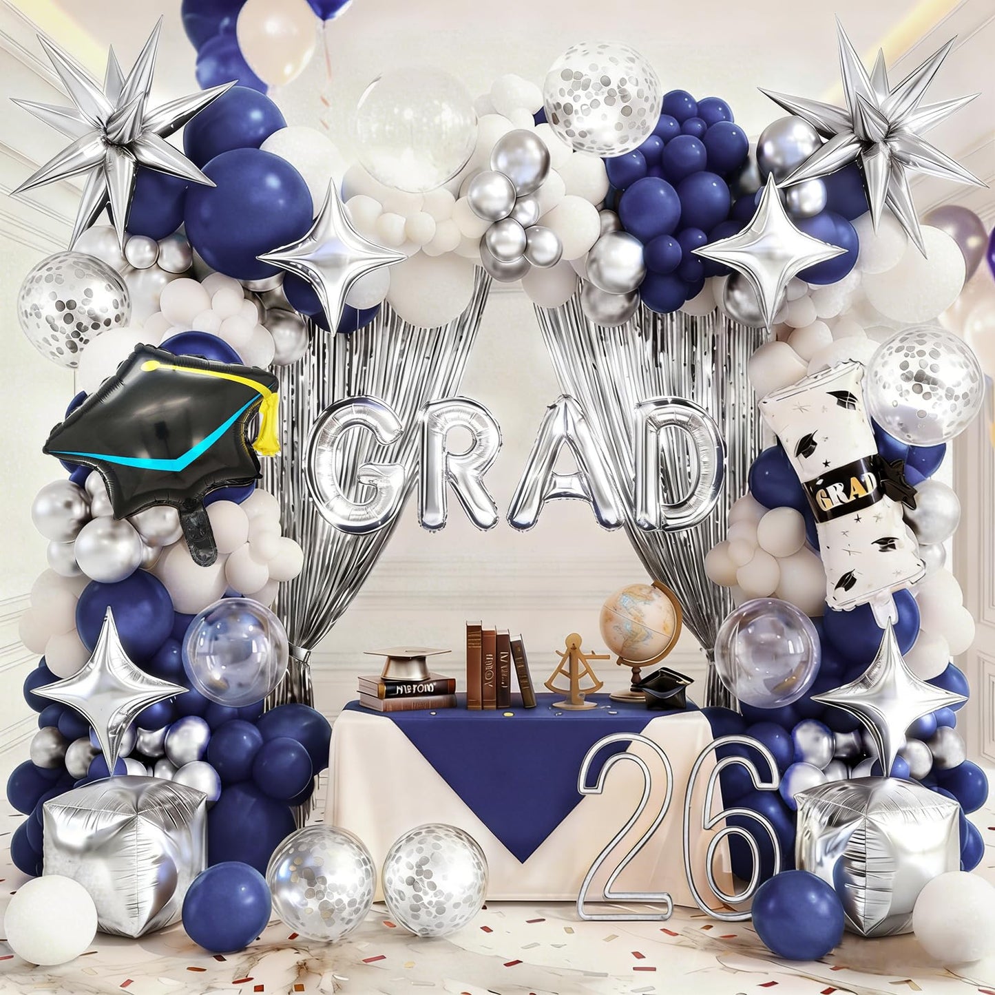 Graduation Balloon Arch Kit 2026, 194pcs Class of 2026 Graduation Decorations, All-in-One Balloon Garland Kit for Graduation Party Backdrop & Photo Booth,Navy Blue Silver Balloons with GRAD Letters