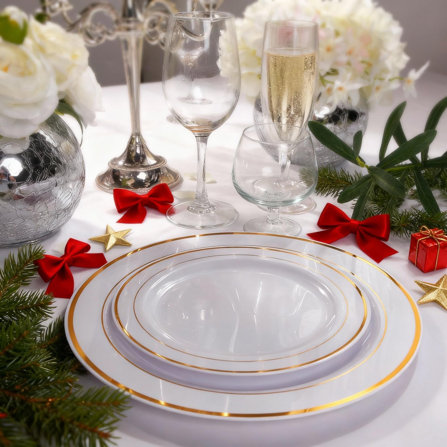 I00000 102 Pieces Gold Plastic Plates, Disposable Party Plates White Gold Rim, 51 Disposable Gold Dinner Plates 10.25 Inch and 51 Disposable Dessert Appetizer Elegant Fancy Wedding Plates 7.5 Inch