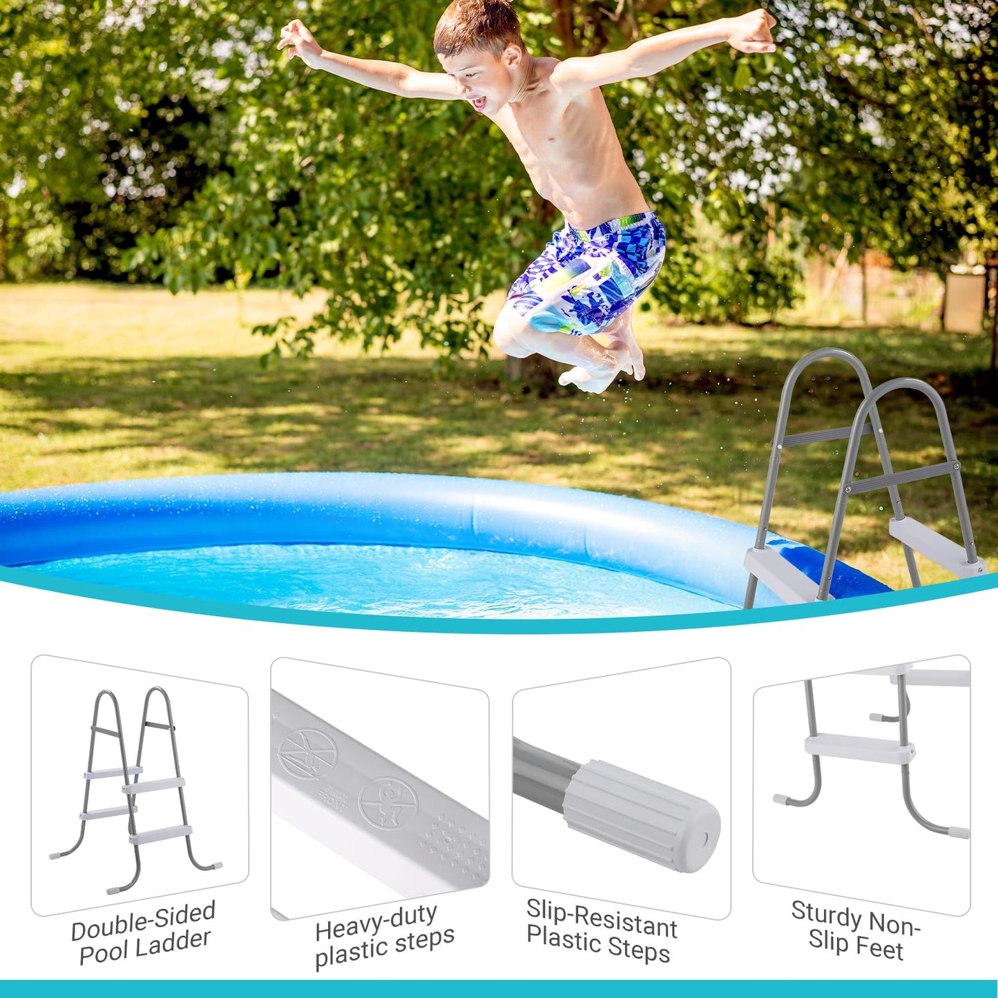 2 Steps Pool Ladder for Above-Ground Pools – 33in Max Height Iron Grey Frame + White PP Steps – Heavy-Duty 300 lbs Capacity – Rust-Resistant & Tool-Free Assembly