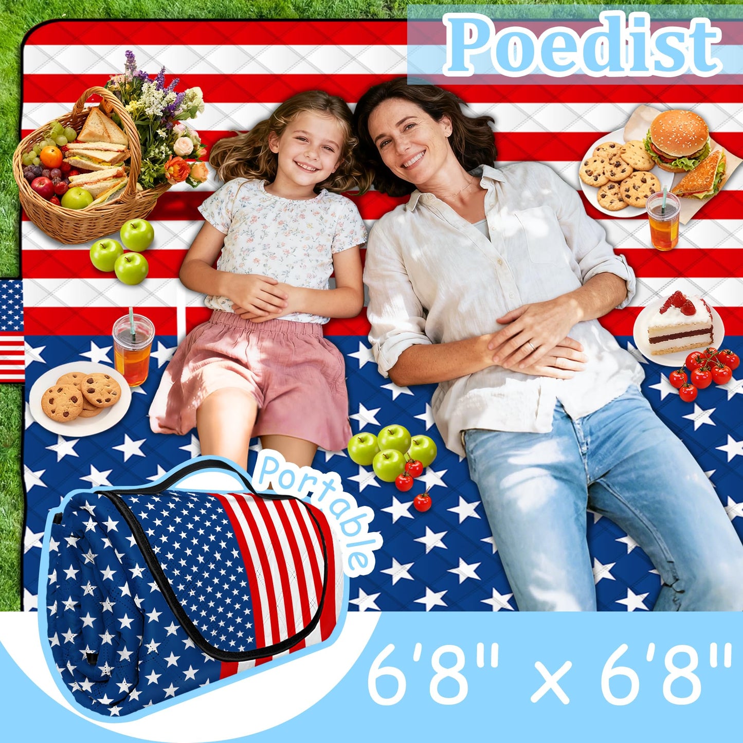 Poedist Extra Large Patriotic Picnic Blanket Waterproof,80"x 80"Foldable Machine Washable Beach Blanket,Outdoor Blanket for 6-8 Adults,Suitable for Indoor Crawling,Park Beach,Camping,Hiking,Travel