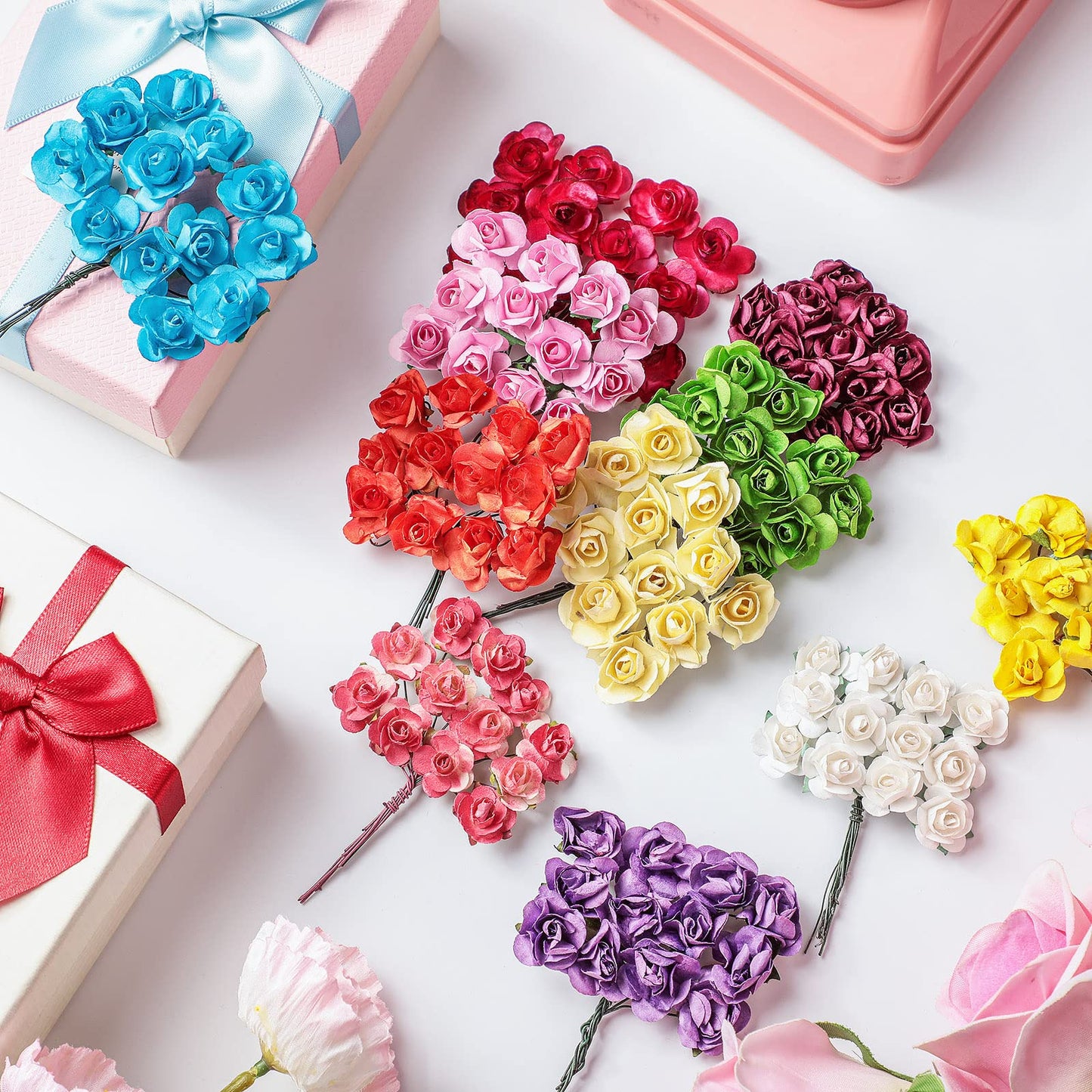 132 Pcs Artificial Mini Rose Fake Mixed Color Paper Flower Handmade Small Flowers for Crafts Miniature Flowers Wedding Bouquet Paper Mini Flowers with Stems for DIY Crafts Scrapbooking Embellishment
