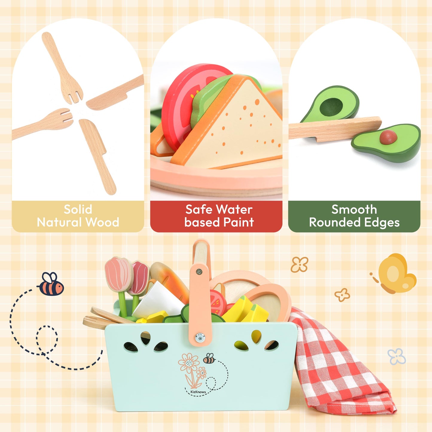 KizKnows Wooden Toy Picnic Playset, 31 Pcs Wooden Play Food Sets Sandwich Stacking Toys for Kids Pretend Play Cutting Food Toys Toddlers Play Kitchen Accessories Gift for Girls Boys Age 3+