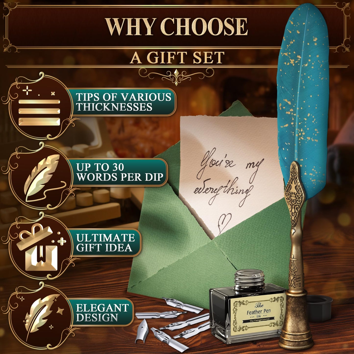 Turquoise Feather Quill Pen and Ink Set – Stainless Steel Dip Pen with 5 Nibs, Non-Slip Grip, Stand & Gift Box – Vintage Quill and Ink Set for Signing, Writing Calligraphy Kit, Elegant Writer Gift