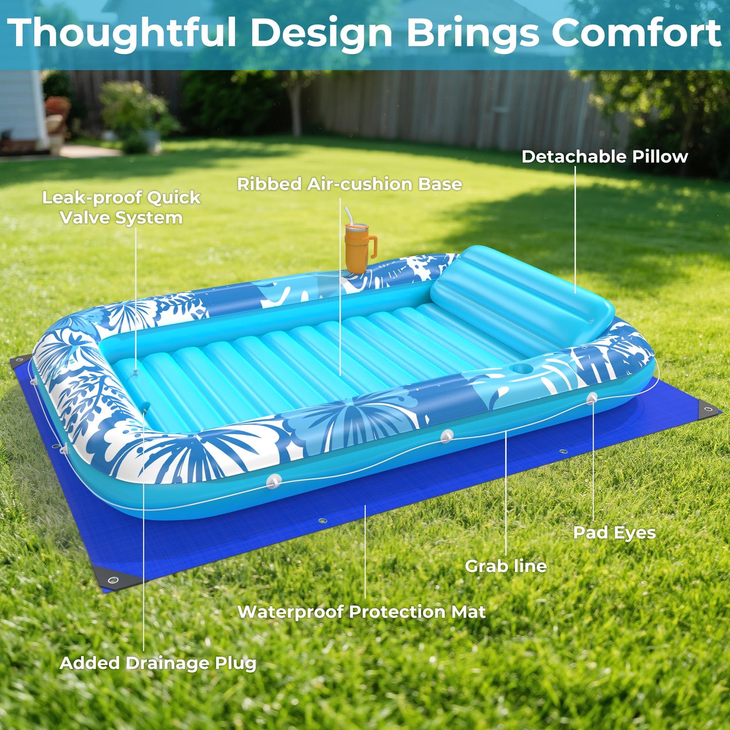 Inflatable Tanning Pool Lounger Float with Protection Tarp, 70" x 46" Pool Floats Adult with Pillow, 6 in 1 Suntan Tub Raft Floatie, Sunbathing Water Bed Lounge Blow Up Kids Ball Pit Party Gifts-Blue