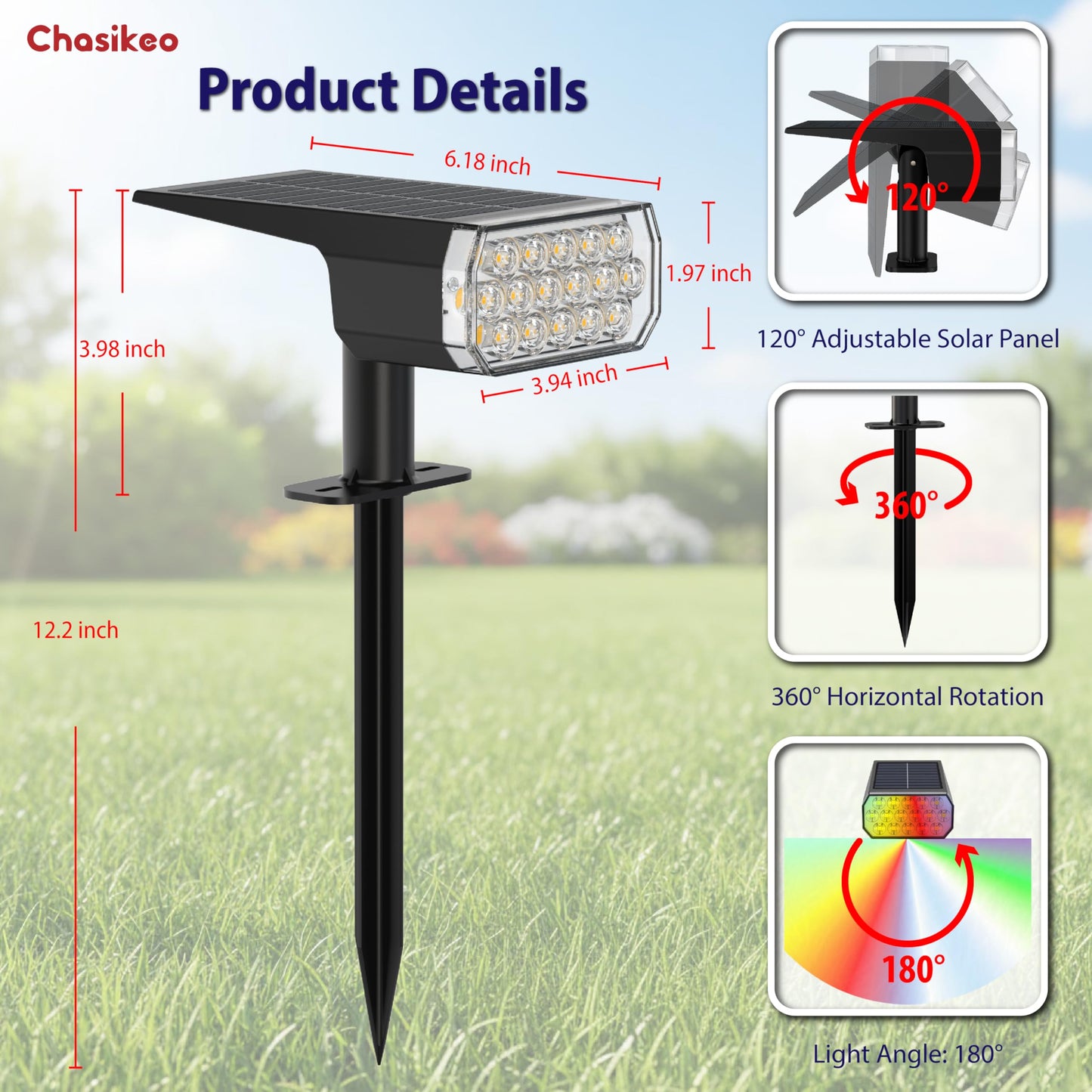 Chasikeo Solar Lights Outdoor Waterproof, 3 Lighting Modes Solar Spot Lights Outdoor, LED Solar Spotlights, Ultra Bright Dusk-to-Dawn Uplights for Garden, Landscape, Yard, Pathway, IP65, Auto On/Off