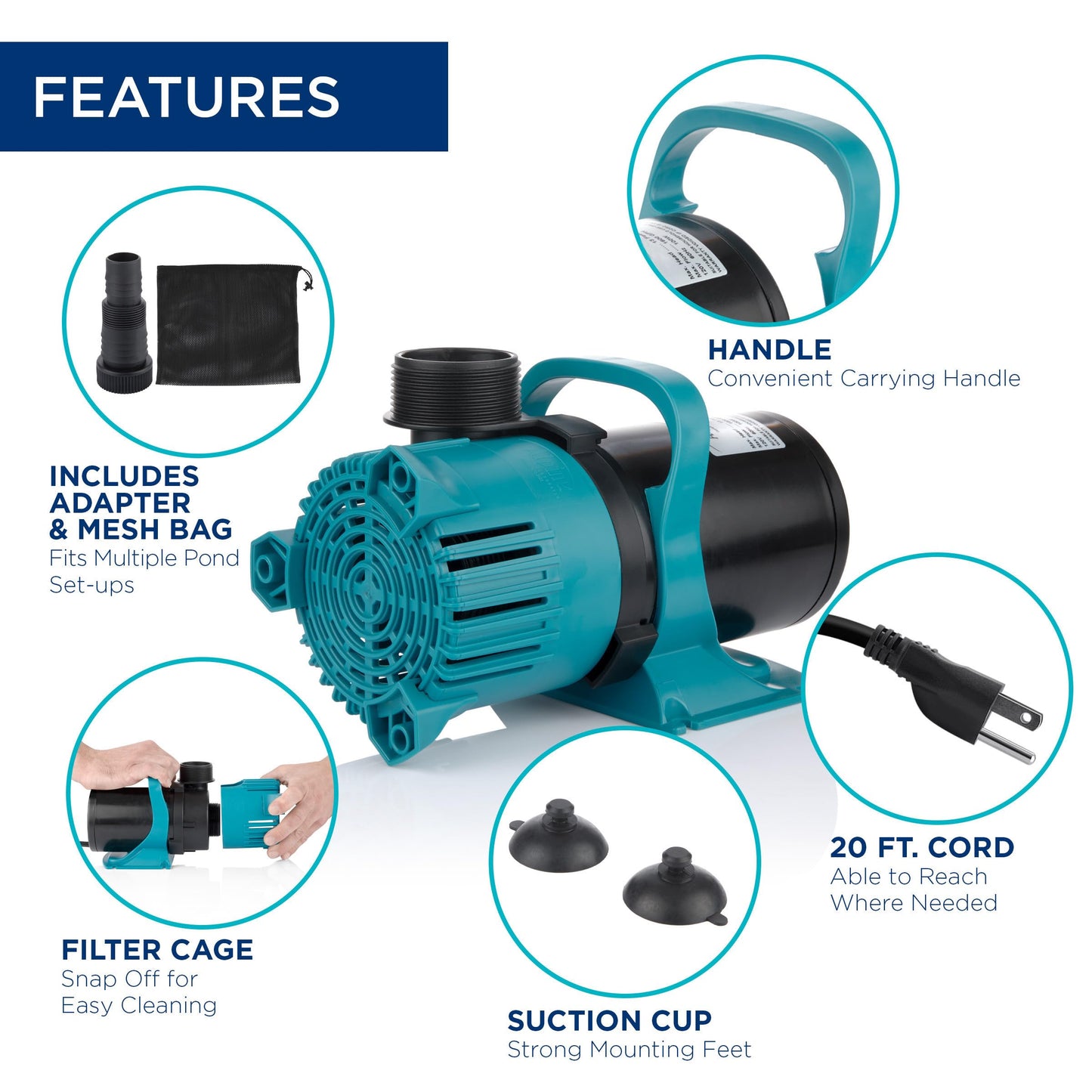 Alpine Corporation PEG3000 | 3000 GPH Vortex Energy-Saving Submersible Pump — Durable & Efficient Design for Ponds, Waterfalls & Fountains — Black/Teal