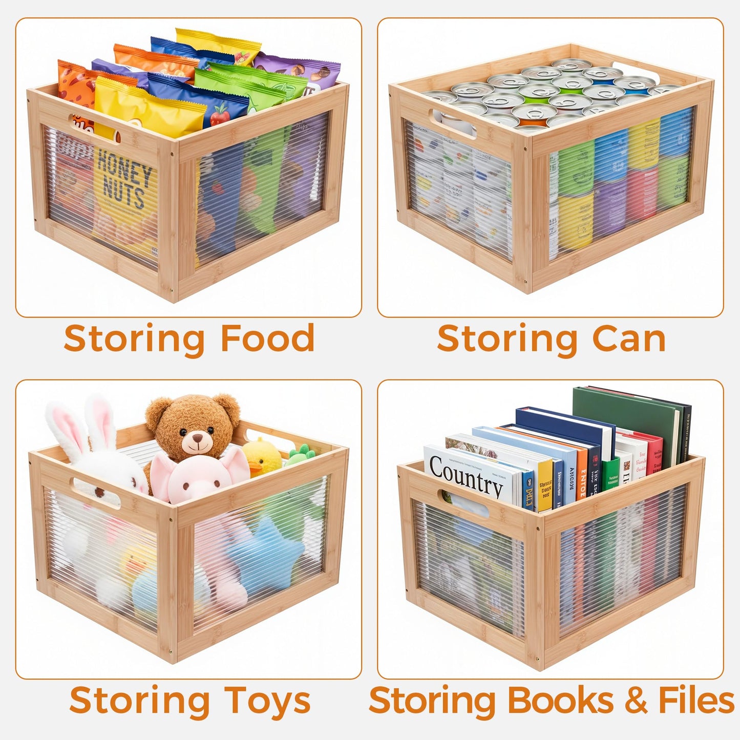 MinBoo Vinyl Record Storage Crate - Holds 80+ LP Albums, 12-Inch Record Organizer Box with Acrylic & Bamboo, Sturdy Wooden Cube for Home, Office - 13.7''L x 16.5''W x 10.2''H, Anti-Slip Base，Brown