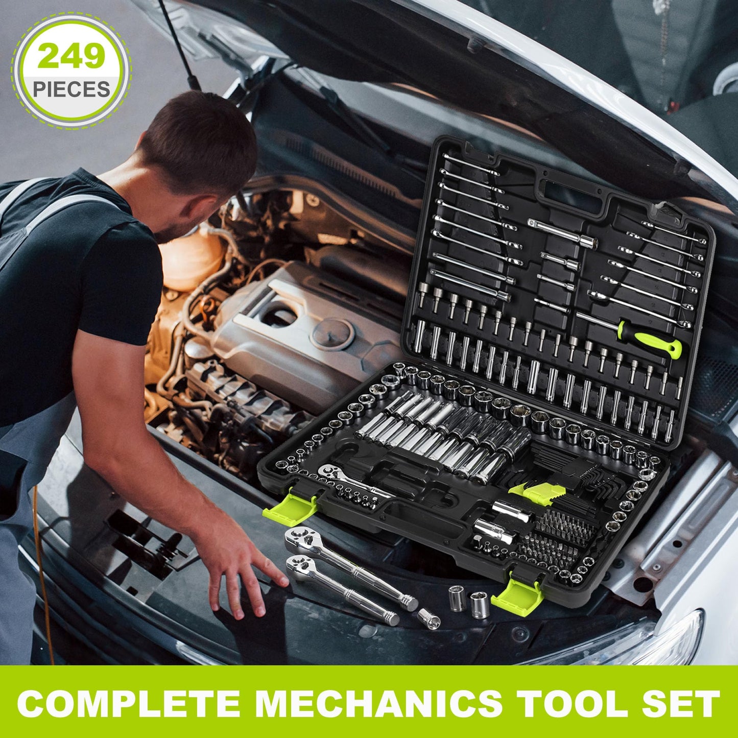 FASTPRO 249-Piece Mechanics Tool Set, 1/2", 3/8", 1/4" Socket Set, SAE and Metric Socket Wrench Set, Include Combination Wrenches, Ratchets, Hex Keys, Tool Kit for Auto Repairs and Maintenance