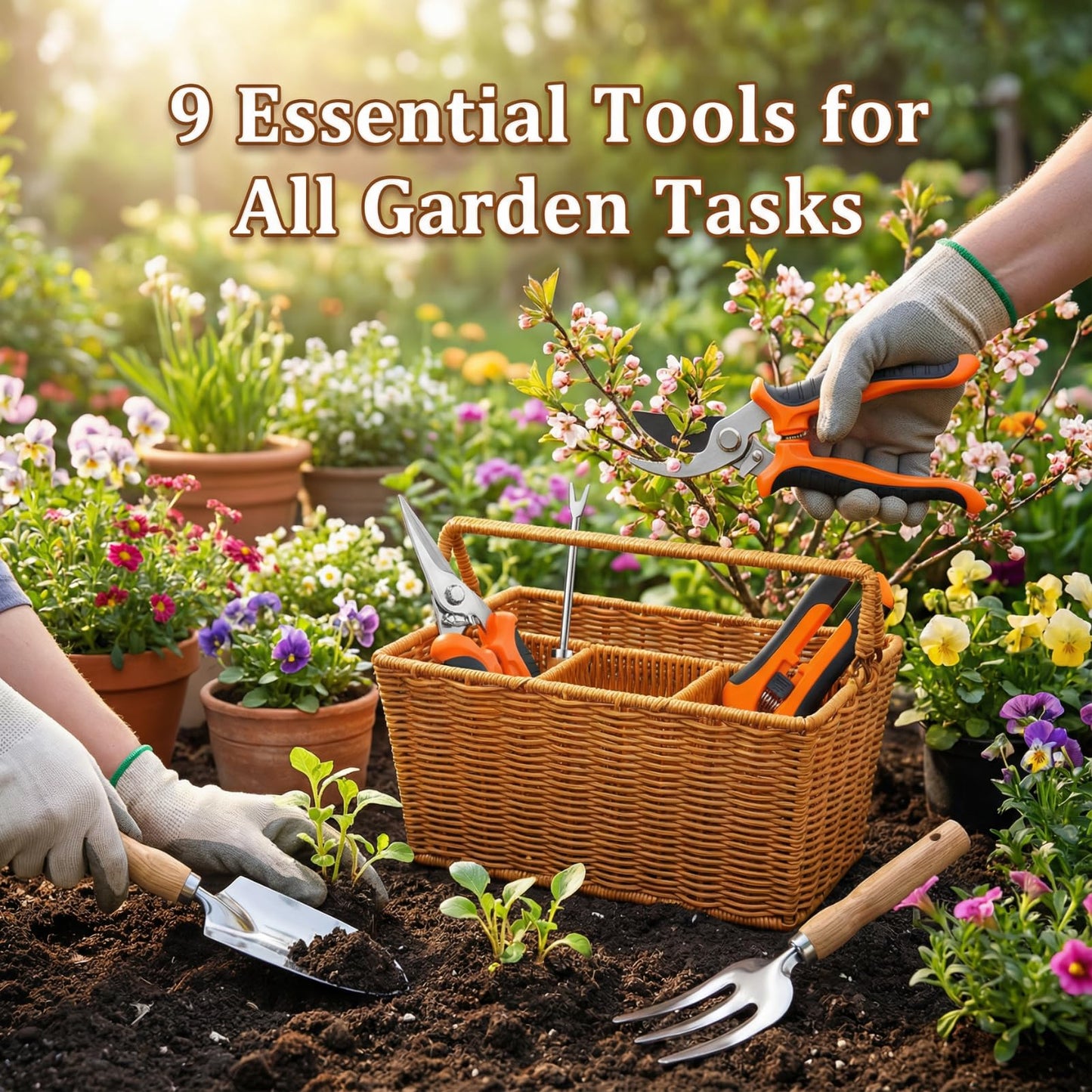 GOVNPJ Garden Tools Set with Basket, 9-Piece Garden Tools for Gardening with Woven Organizer, Complete Gardening Hand Tools Set Gift for Women Men